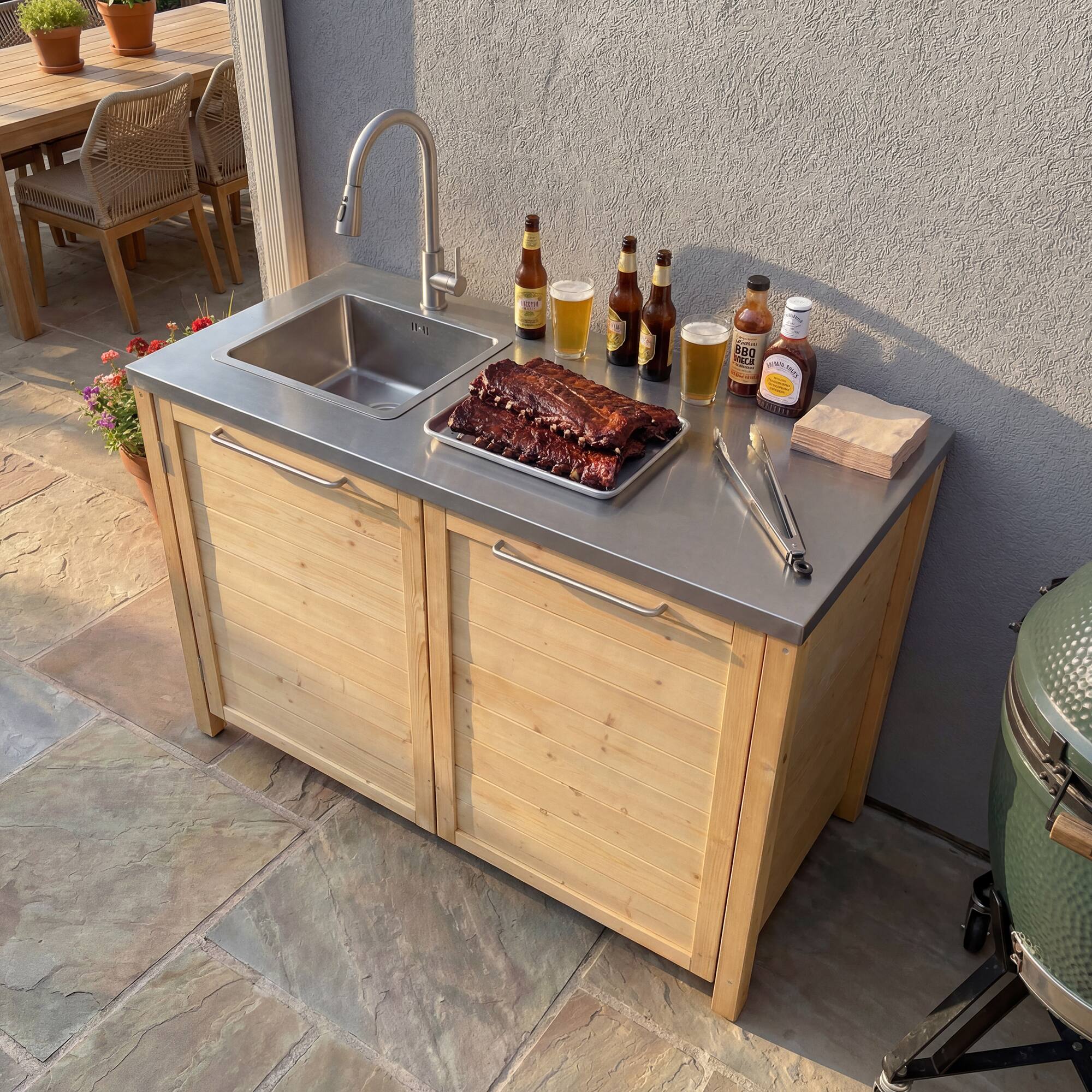 Left. Famapy - Modular Solid Cedar Outdoor Kitchen Cabinets - All-Weather Storage with Stainless Steel Top for Patio, Grill Station - Wooden.