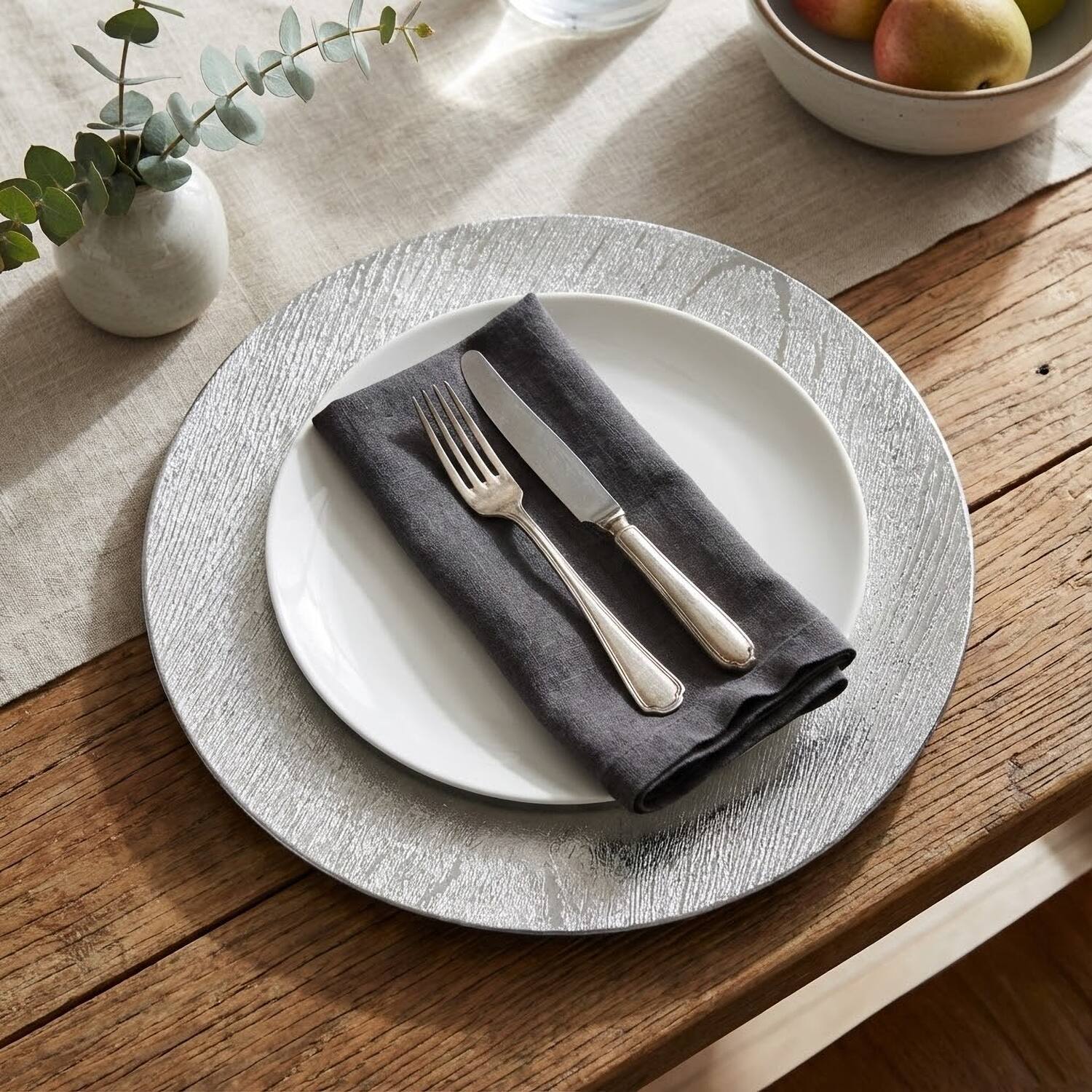 Left. American Atelier - Silver Set of 4 Charger Plate 13" - Silver.