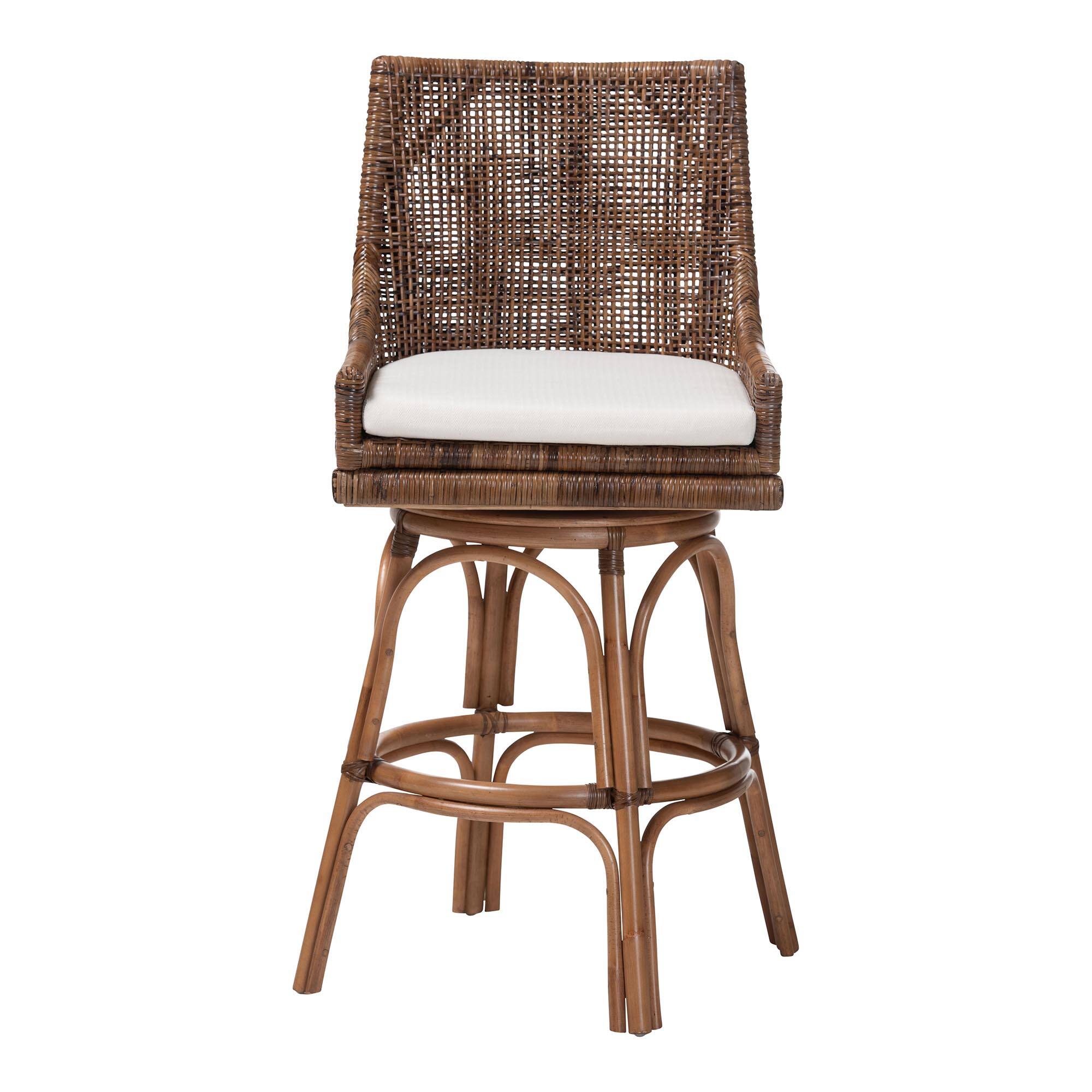 Angle. bali & pari - Bella Swivel Rattan Bar Stool with Cushion - Handwoven Wicker Bar Chair with Backrest and Footrest - Coffee Bean.