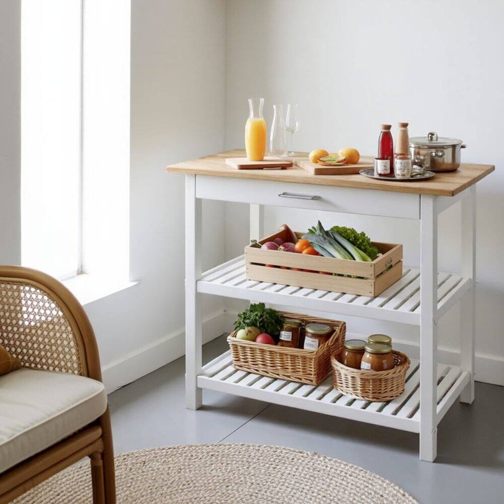 Alt View 1. FurniFact - White Kitchen Island Table with Storage, Drawer and Open Counter 2 Shelves - White.