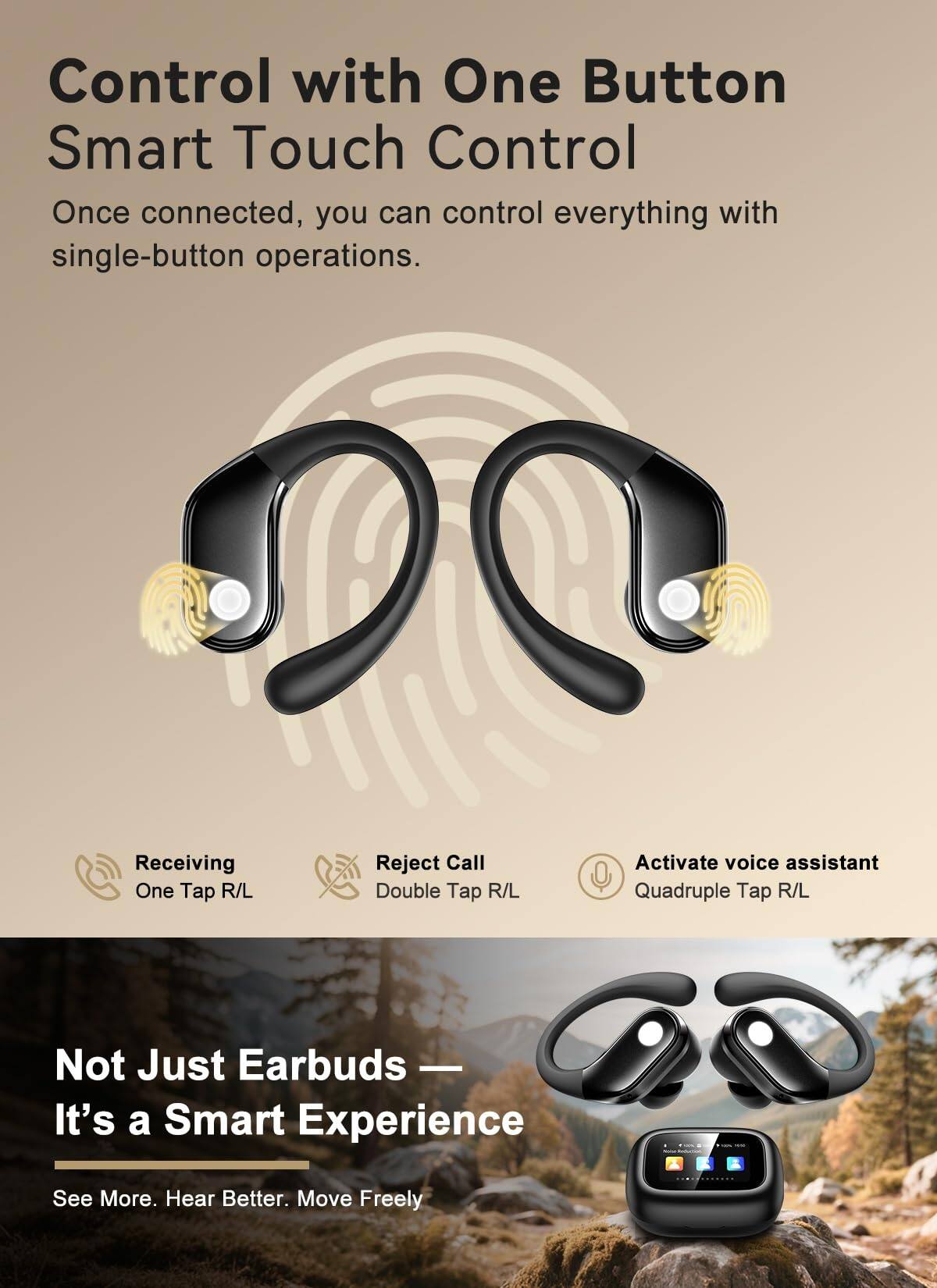 Control with One Button Smart Touch Control  
Once connected, you can control everything with single-button operations.

- Receiving: One Tap R/L
- Reject Call: Double Tap R/L
- Activate voice assistant: Quadruple Tap R/L

Not Just Earbuds — It's a Smart Experience  
See More. Hear Better. Move Freely.