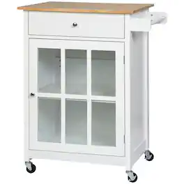 Homcom - 27" Rolling Kitchen Island Cart with Drawer and Glass Door Cabinet, Kitchen Trolley with Adjustable Shelf and Towel Rake - White