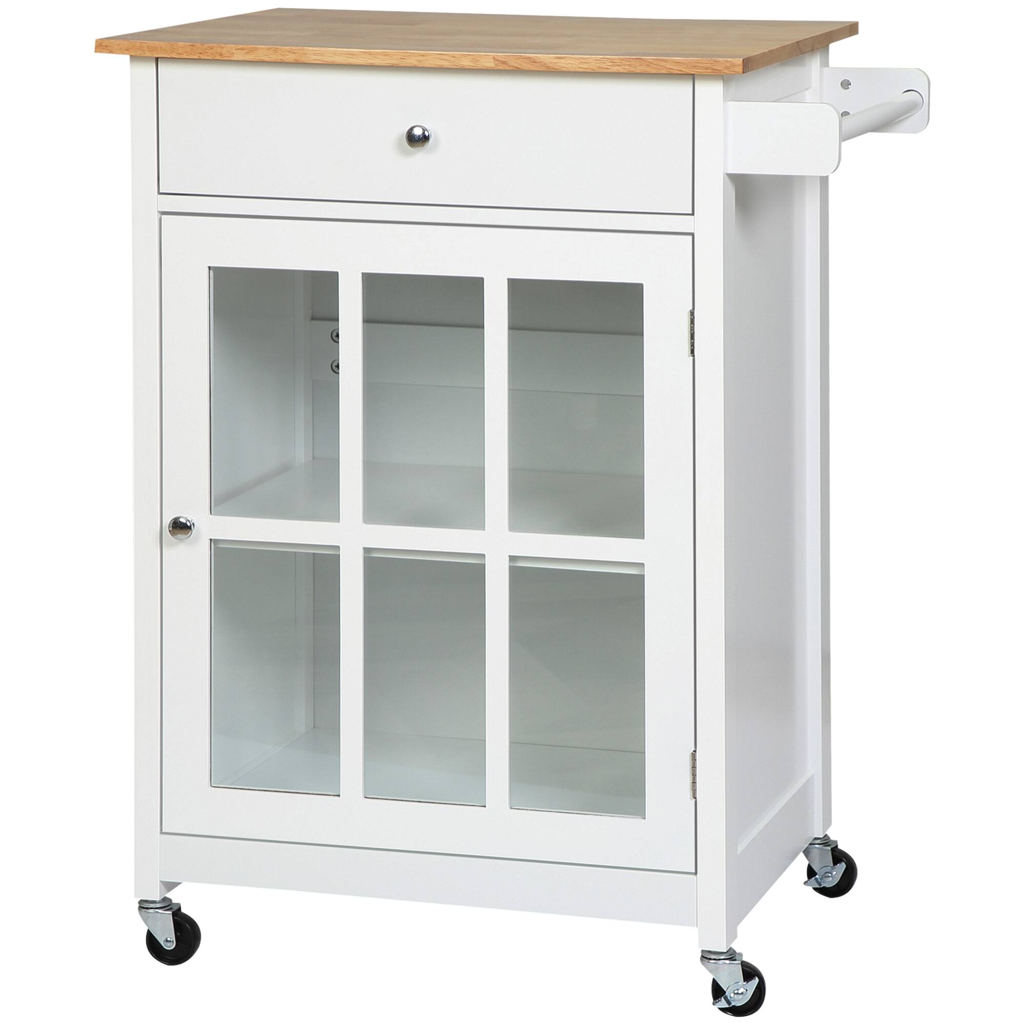 Homcom - 27" Rolling Kitchen Island Cart with Drawer and Glass Door Cabinet, Kitchen Trolley with Adjustable Shelf and Towel Rake - White