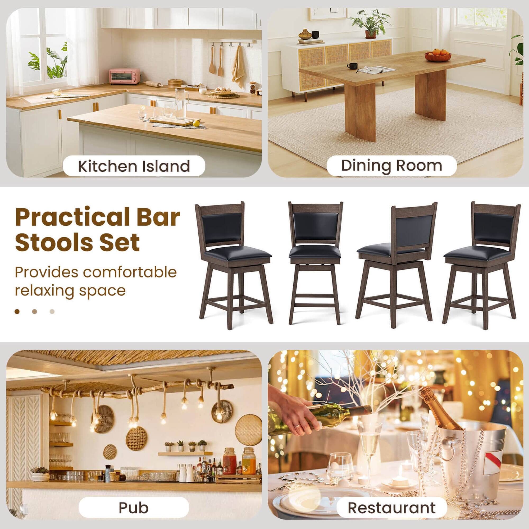 The image features a kitchen island, dining room, and a practical bar stools set. The set provides a comfortable and relaxing space for the kitchen and dining room. The image also showcases a pub and restaurant setting, indicating that the practical bar stools set is suitable for both home and commercial environments.