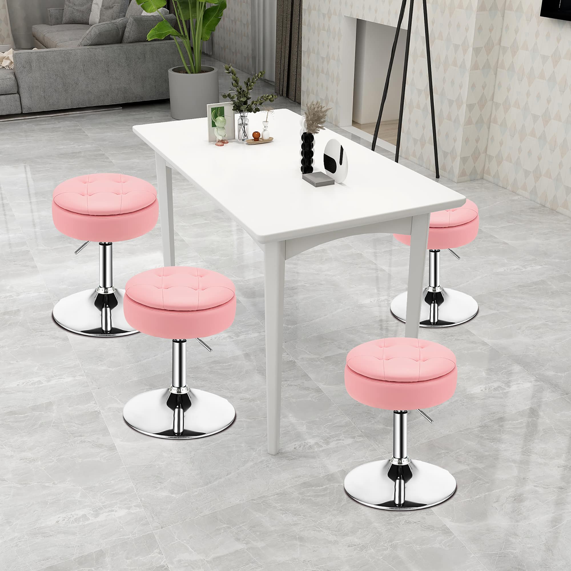 Alt View 1. Costway - Set of 2 Adjustable Metal Vanity Stool 360° Swivel Storage Makeup Chair with Tray - Pink.