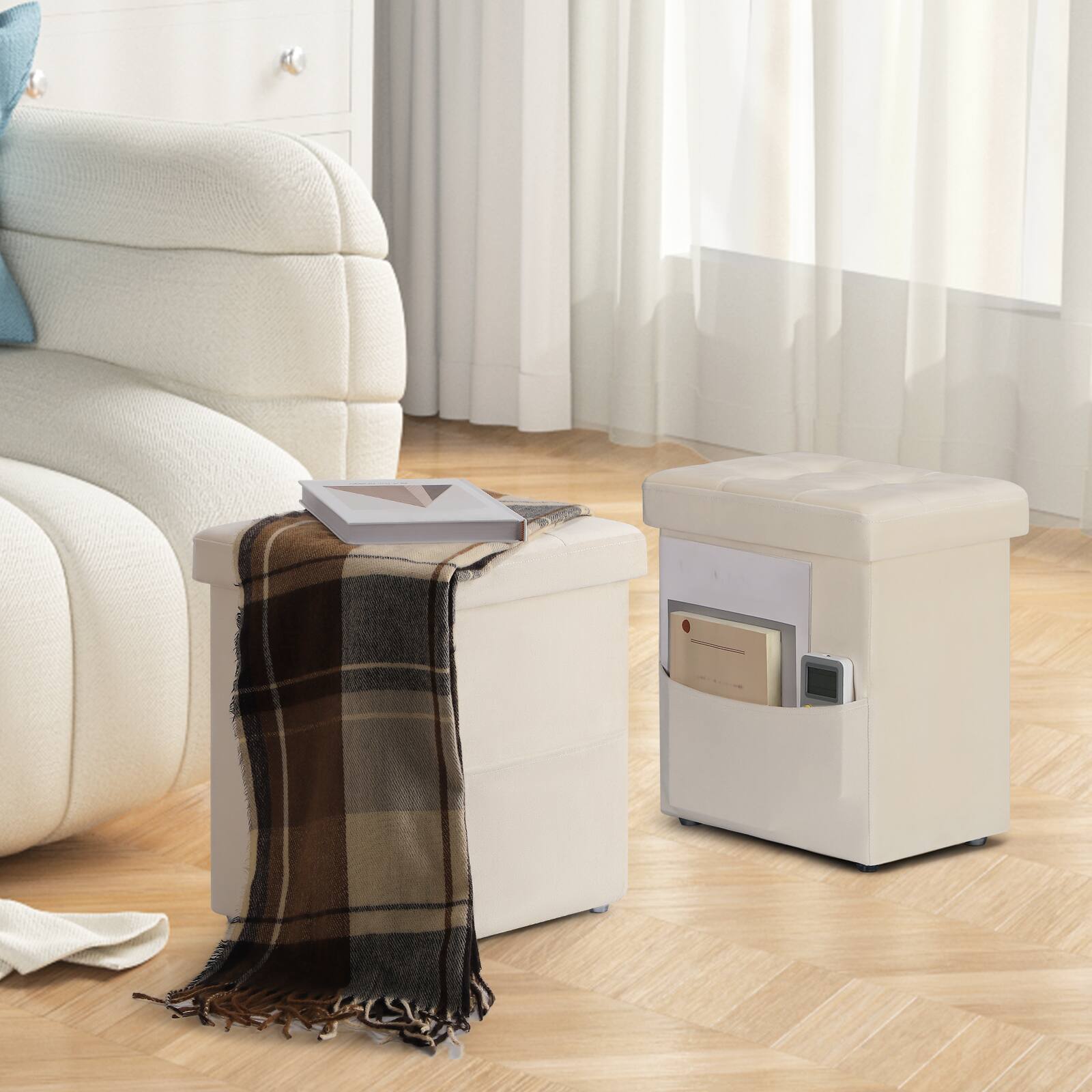 Angle. Oumilen - Velvet Foldable Storage Cube Ottoman Foot Stool with Side Pocket, Beige - Pink.