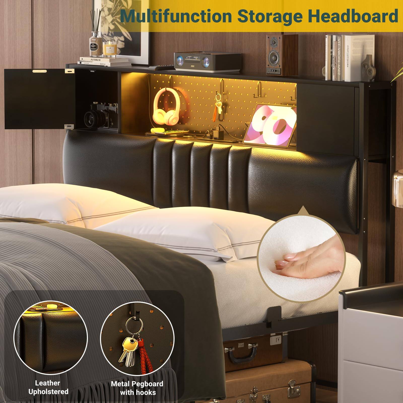 Multifunction Storage Headboard

- Leather Upholstered
- Metal Pegboard with hooks