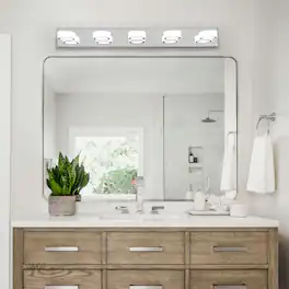 LUCKY ONE - 37in Wall Mount LED Vanity Light, 5-Light Bathroom Fixture with Acrylic Shades, Dimmable - Chrome