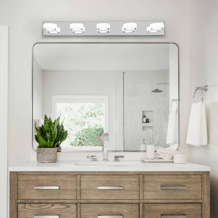 Front. LUCKY ONE - 37in Wall Mount LED Vanity Light, 5-Light Chrome Bathroom Fixture with Acrylic Shades, Dimmable - Chrome.