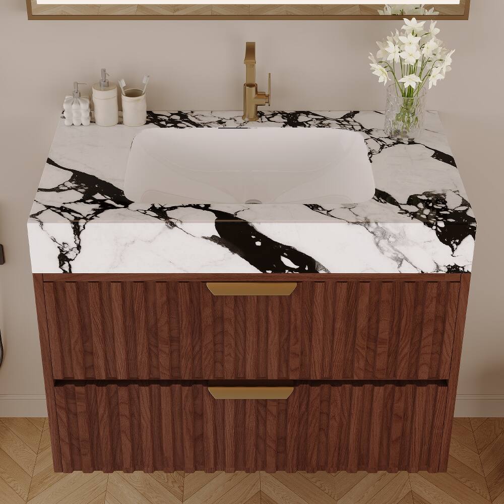 Left. Loheer - Loheer 30 inch floating bathroom vanity Walnut Modern Wall Mounted Cabinet with Ceramic Sink - Walnut, White.