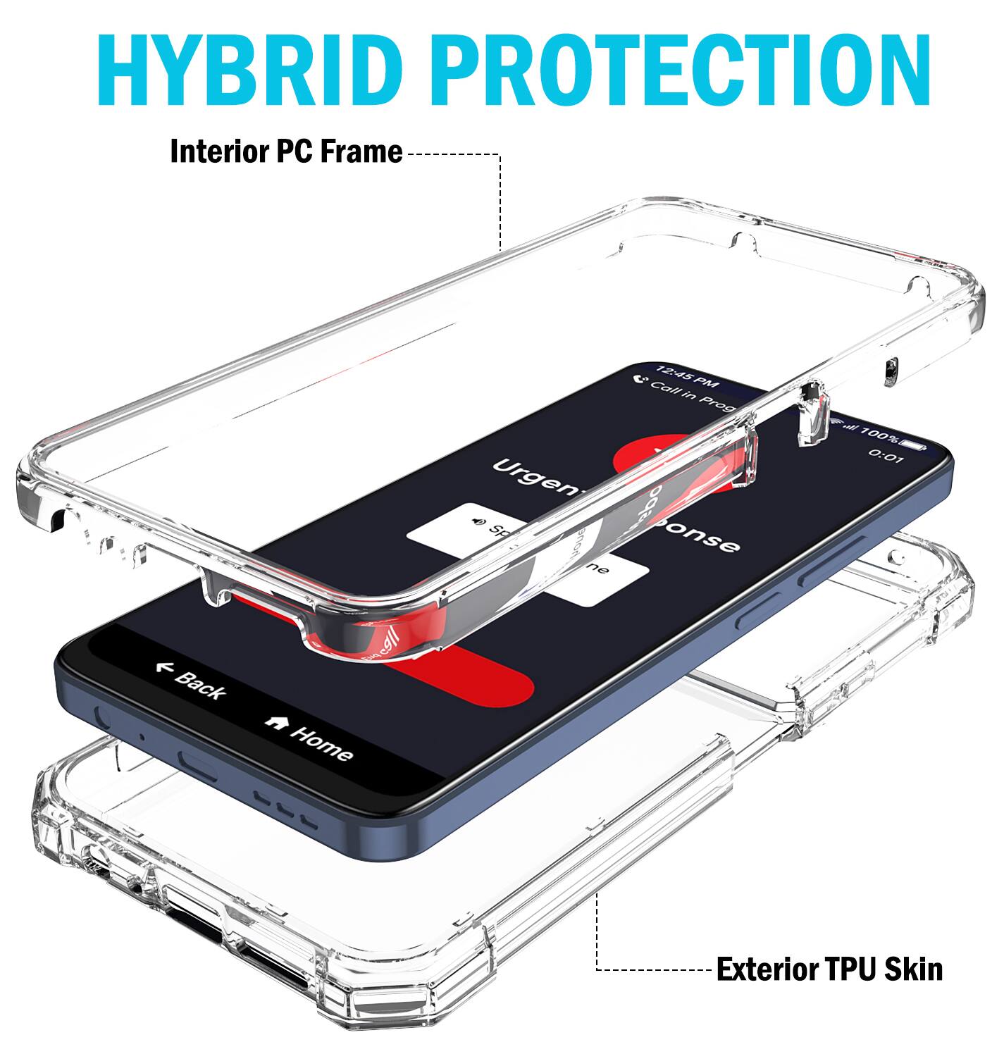 HYBRID PROTECTION  
Interior PC Frame  
Urgen Sp ne  
12:45 PM Call in Prog ods onse  
100% 0:01  
Back  
tuq Home  
Exterior TPU Skin