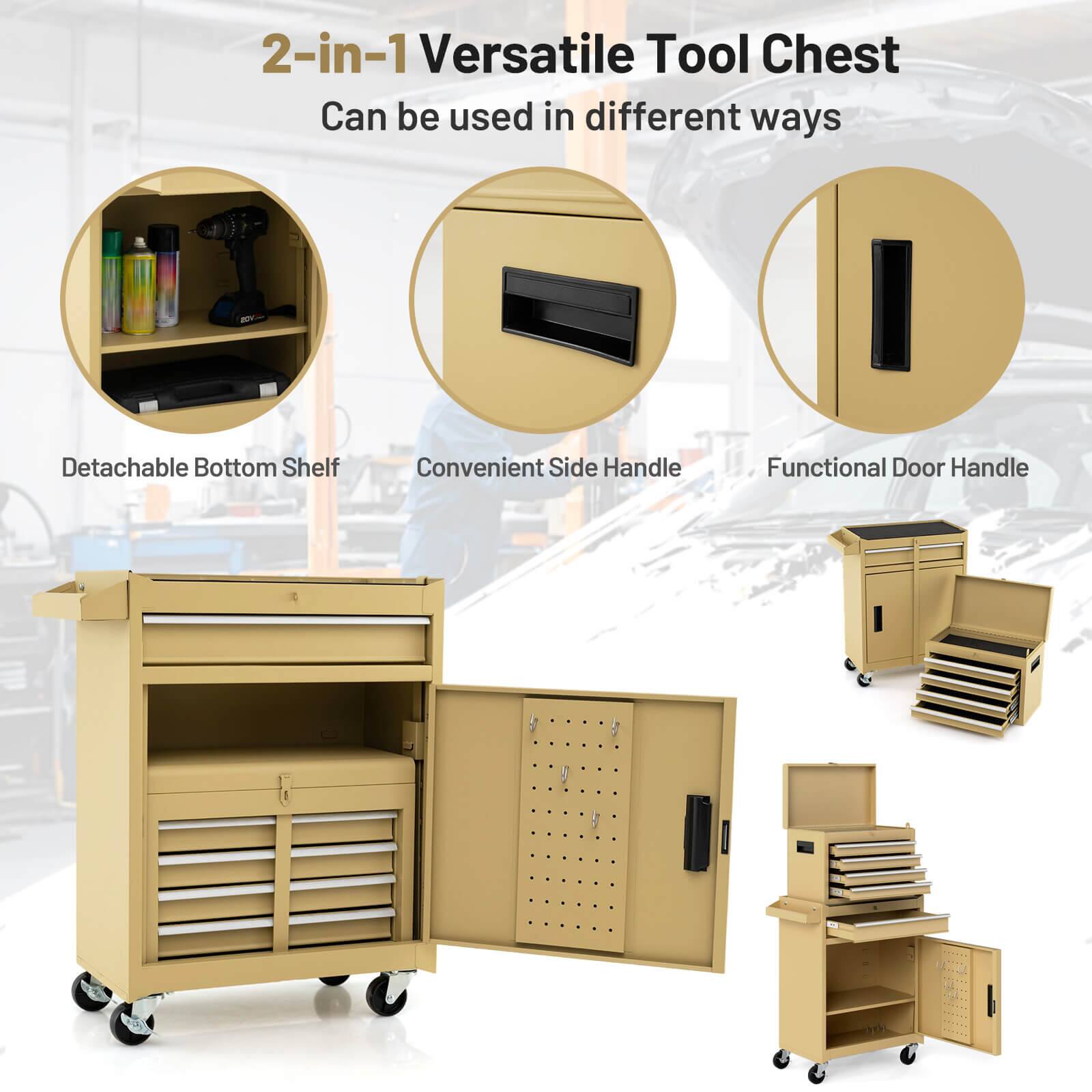 2-in-1 Versatile Tool Chest  
Can be used in different ways

- Detachable Bottom Shelf
- Convenient Side Handle
- Functional Door Handle