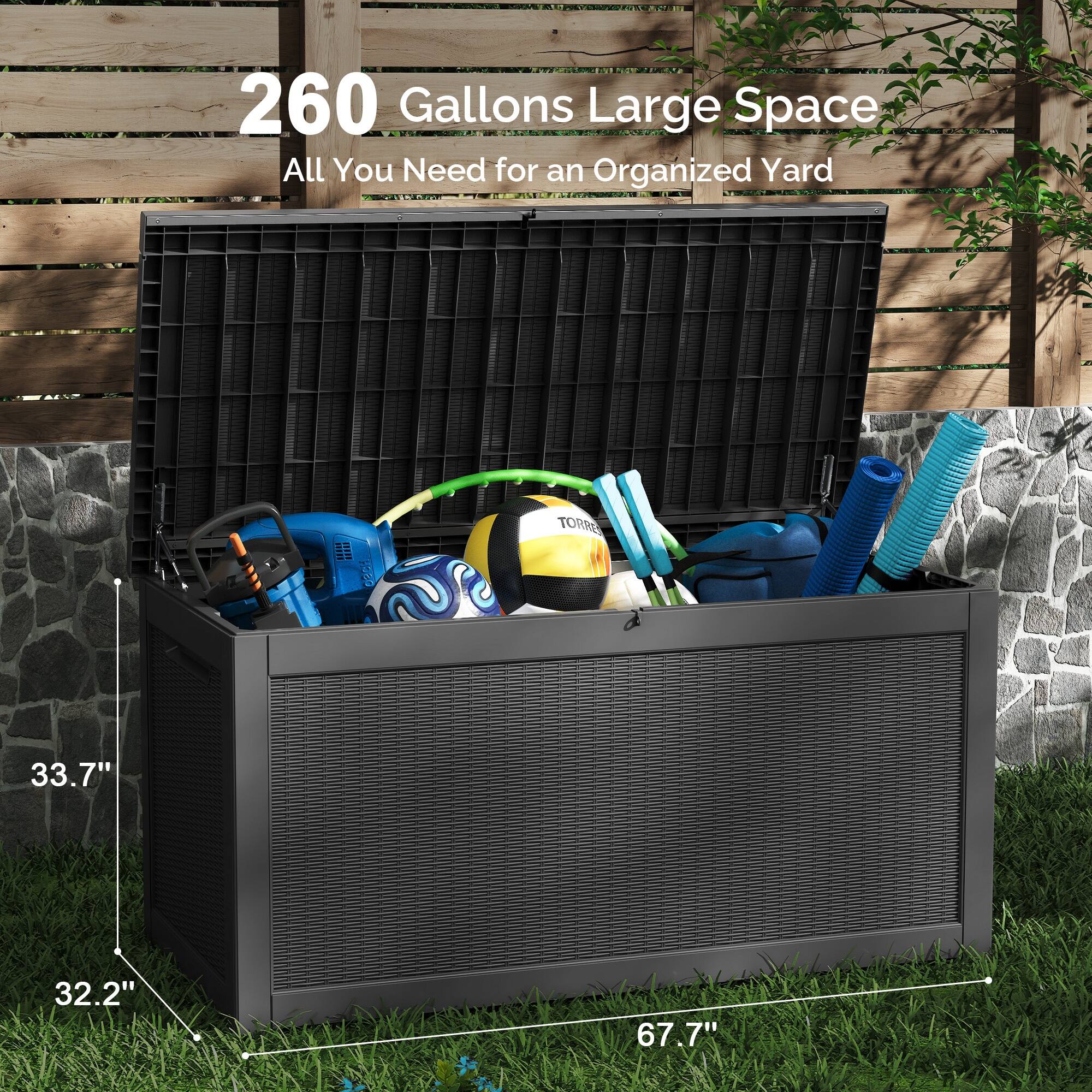 260 Gallons Large Space All You Need for an Organized Yard

Dimensions:
- Height: 33.7"
- Width: 32.2"
- Depth: 67.7"