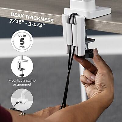 DESK THICKNESS  
7/16" - 3-1/4"  

Up to 5 min  

Mounts via clamp or grommet  

USB