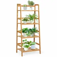 Costway - 4-Tier Bamboo Ladder Shelf Multipurpose Plant Display Stand Storage Bookshelf - Natural - Front_Zoom