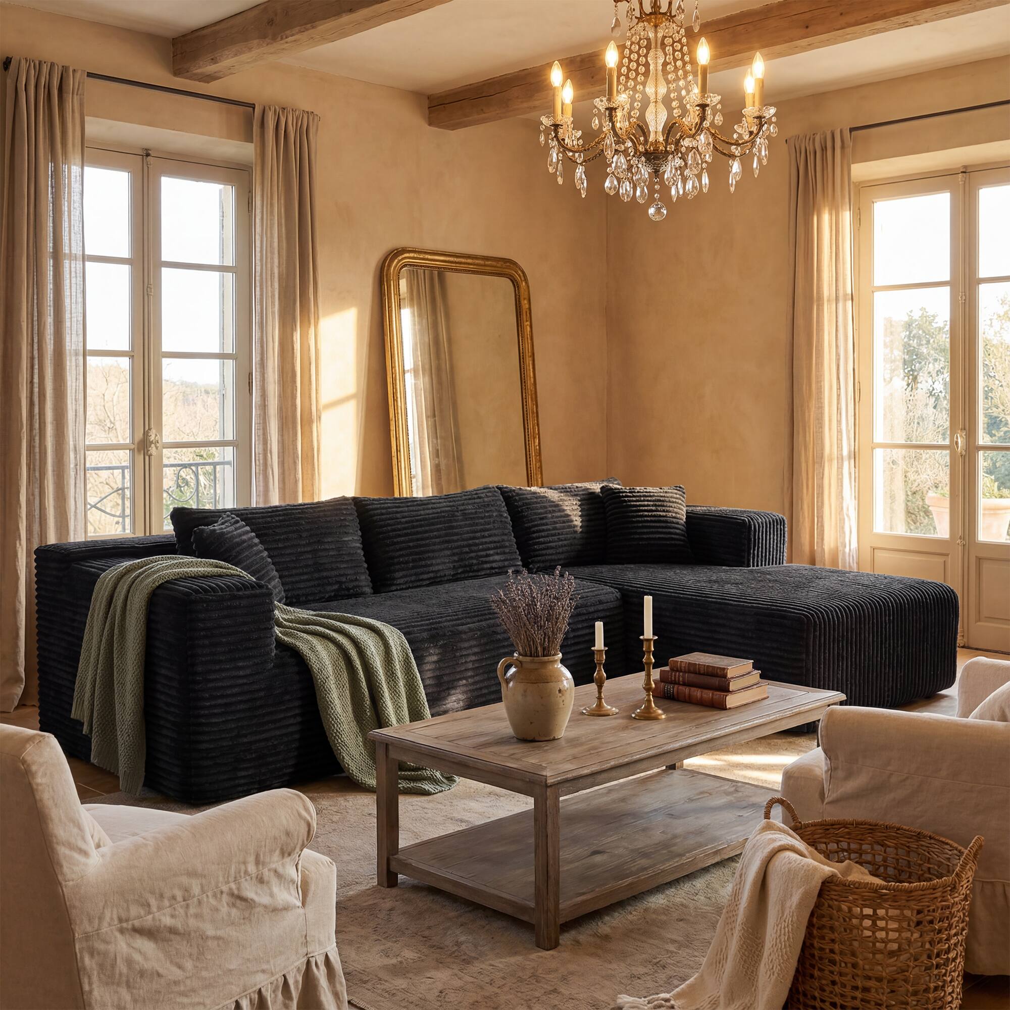Alt View 2. FUFU & GAGA - Modular Corduroy L-Shaped Sectional Sofa with Chaise, High-Density Rebound Sponge Cushions Tool-Free Assembly - Black.