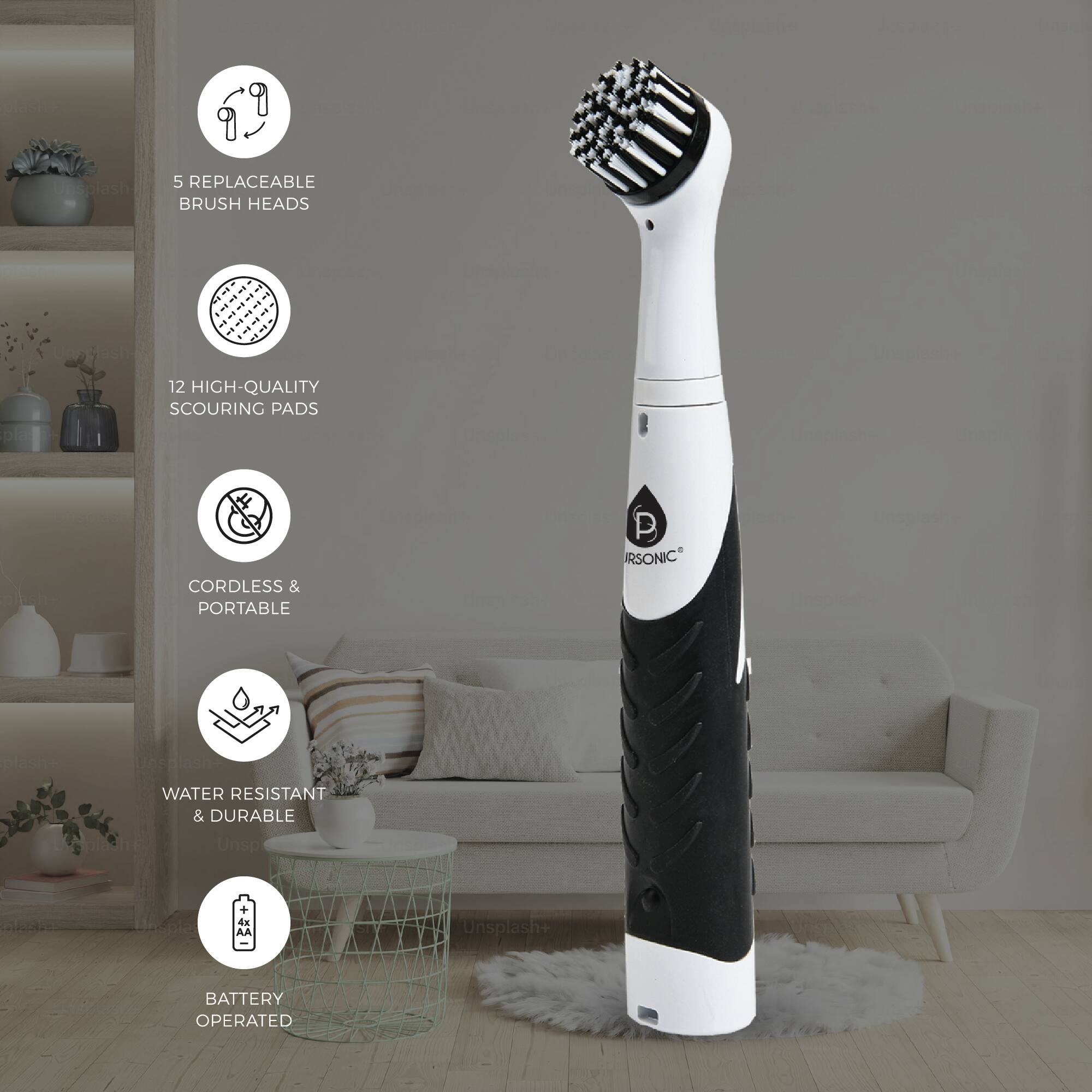 - 5 REPLACEABLE BRUSH HEADS
- 12 HIGH-QUALITY SCOURING PADS
- CORDLESS & PORTABLE
- WATER RESISTANT & DURABLE
- BATTERY OPERATED