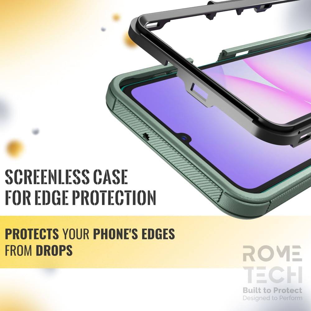 SCREENLESS CASE FOR EDGE PROTECTION  
PROTECTS YOUR PHONE'S EDGES FROM DROPS  

ROME TECH  
Built to Protect  
Designed to Perform