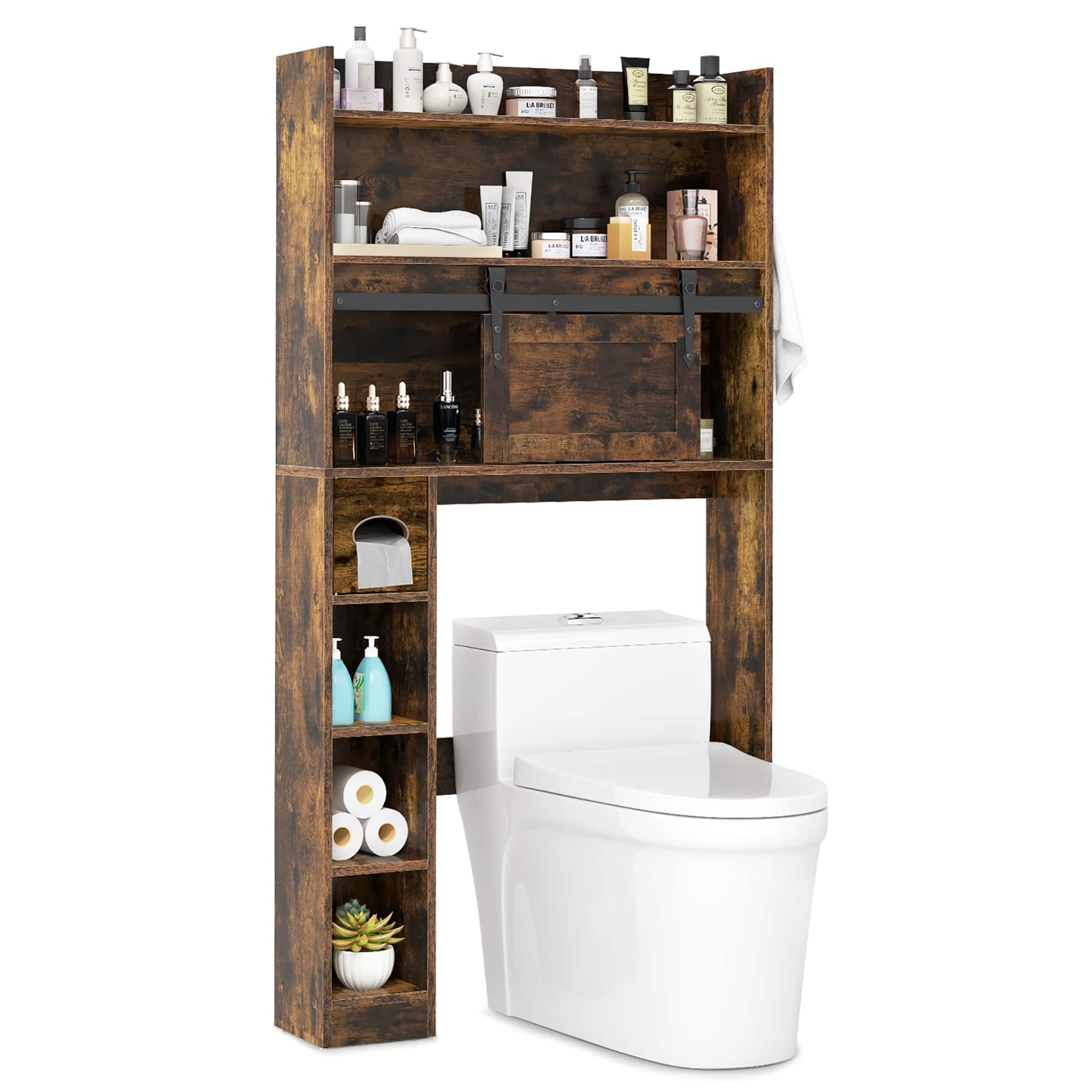 Gymax - Over The Toilet Storage Cabinet w/ Sliding Barn Door Adjustable Shelves 2 Hooks - Rustic Brown price history on PriceWatchPro