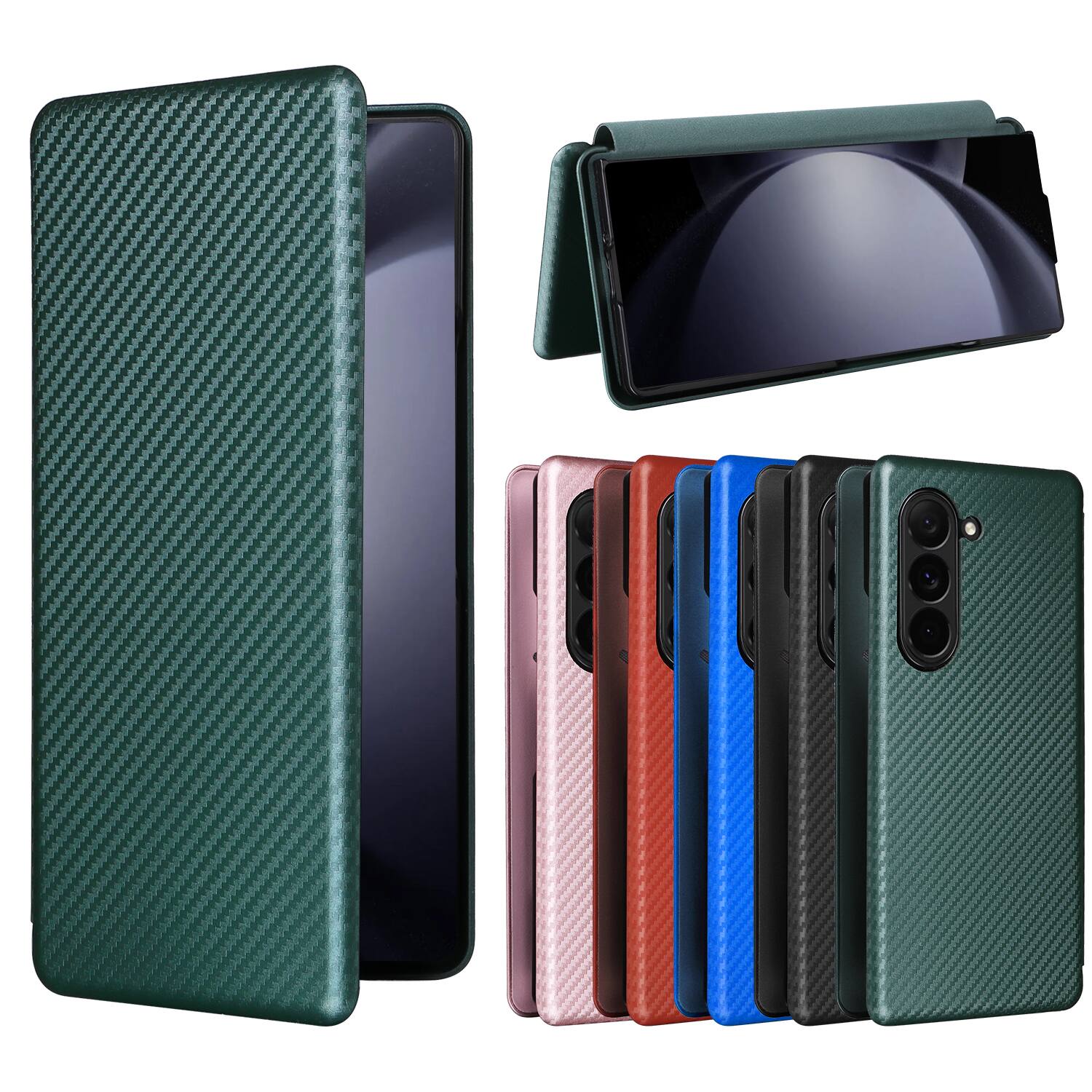 Alt View 3. Dteck - Carbon Fiber Texture Folio Phone Case for Samsung Galaxy Z Fold6,PU Leather Magnetic Closure Hidden Card Slot Flip Cover - Green.