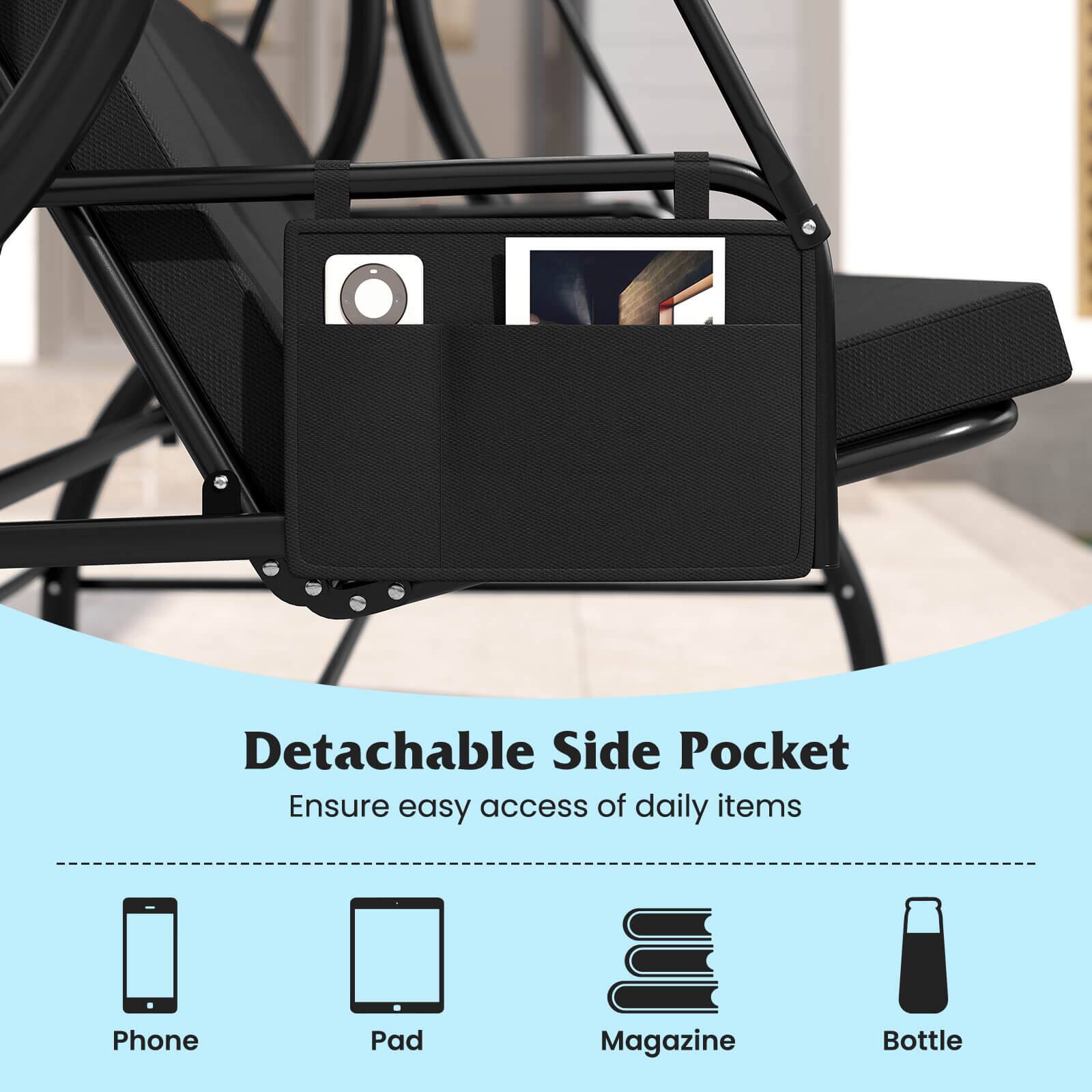 Detachable Side Pocket  
Ensure easy access of daily items  

Phone  
Pad  
Magazine  
Bottle
