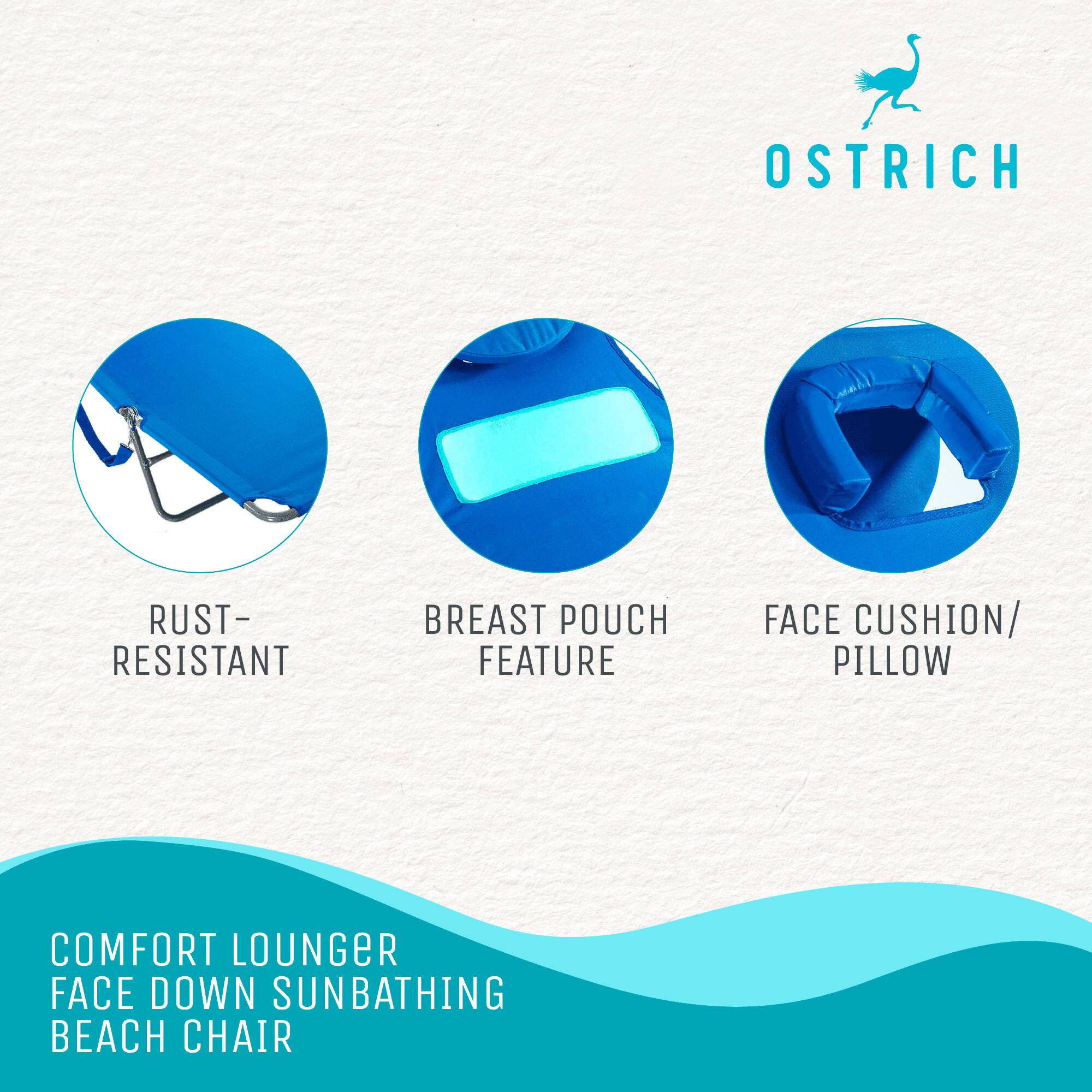 OSTRICH

RUST-RESISTANT  
BREAST POUCH FEATURE  
FACE CUSHION/ PILLOW  

COMFORT LOUNGER  
FACE DOWN SUNBATHING  
BEACH CHAIR