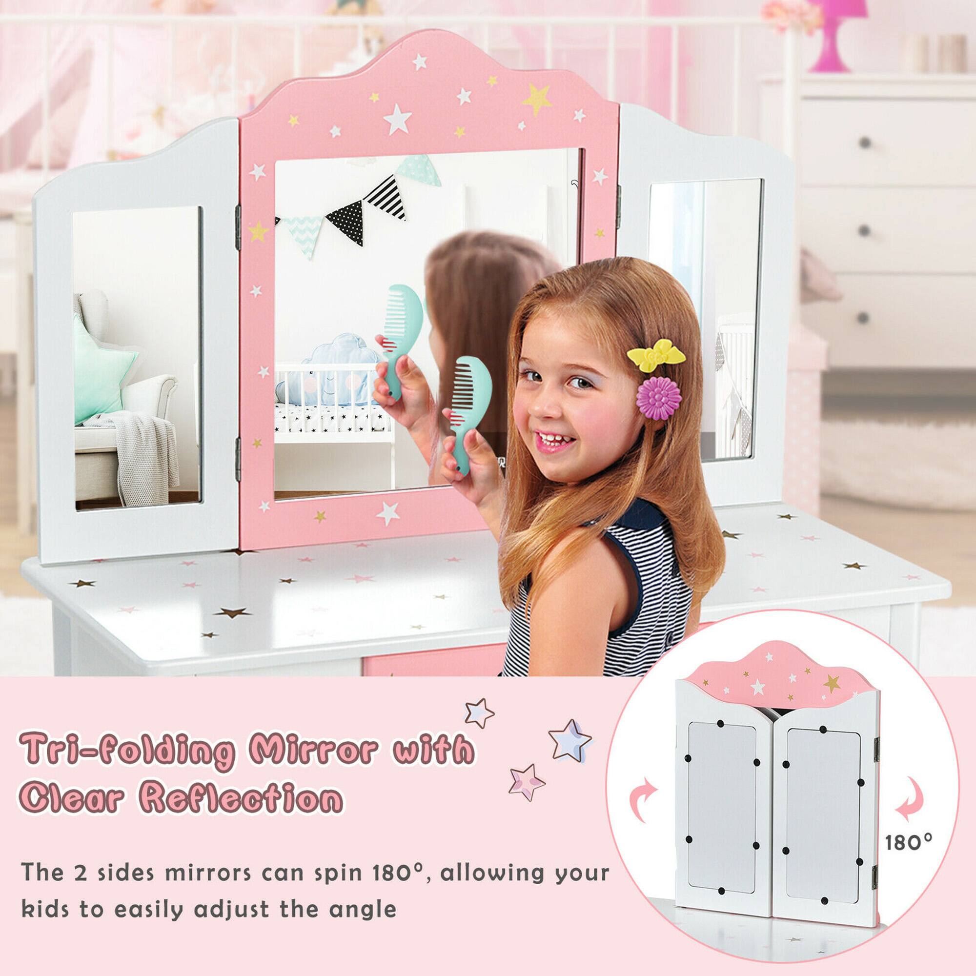 Tri-folding Mirror with Clear Reflection

The 2 sides mirrors can spin 180°, allowing your kids to easily adjust the angle 180°