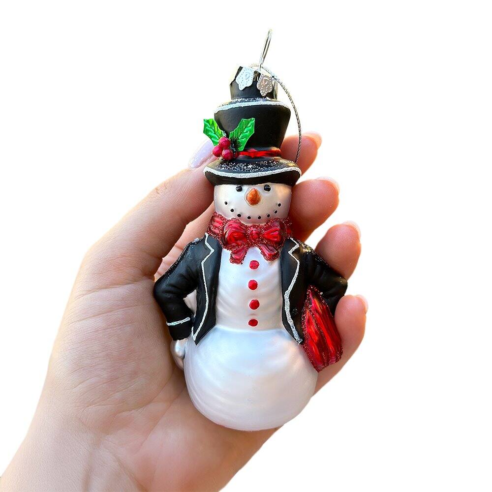 Back. OrnamentallyYou - Dapper Gentleman Snowman Glass Christmas Ornament Refined Handblown Holiday Tree Decor - Multi-colored.