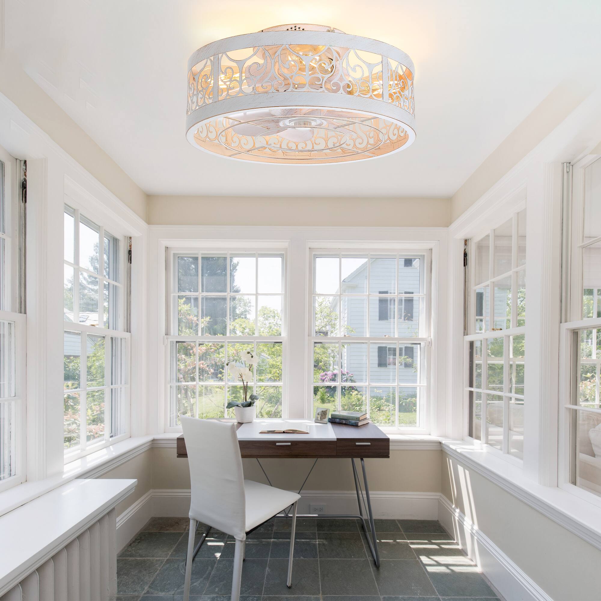 Back. Breezary - 16.5" Modern Flush Mount Caged Ceiling Fan with 7 ABS Blades, DC Motor, 6-Speed Remote Control with Timer - Distressed White and Gold.