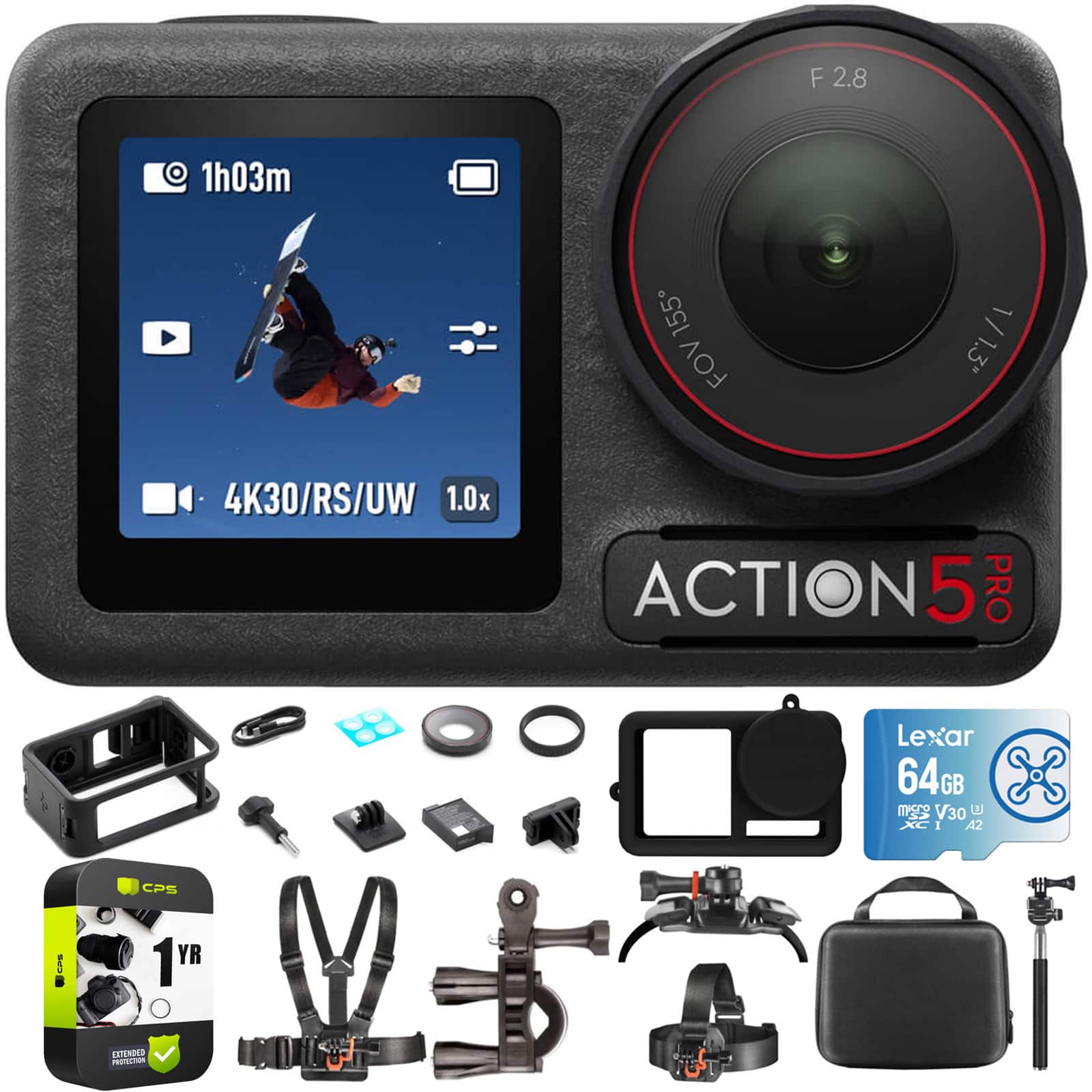 F 2.8
1h03m
155° FOV
4K30/RS/UW 1.0x
ACTION 5 PRO
Lexar 64GB V30 (3) XC I A2
CPS 5 1 YR
EXTENDED PROTECTION