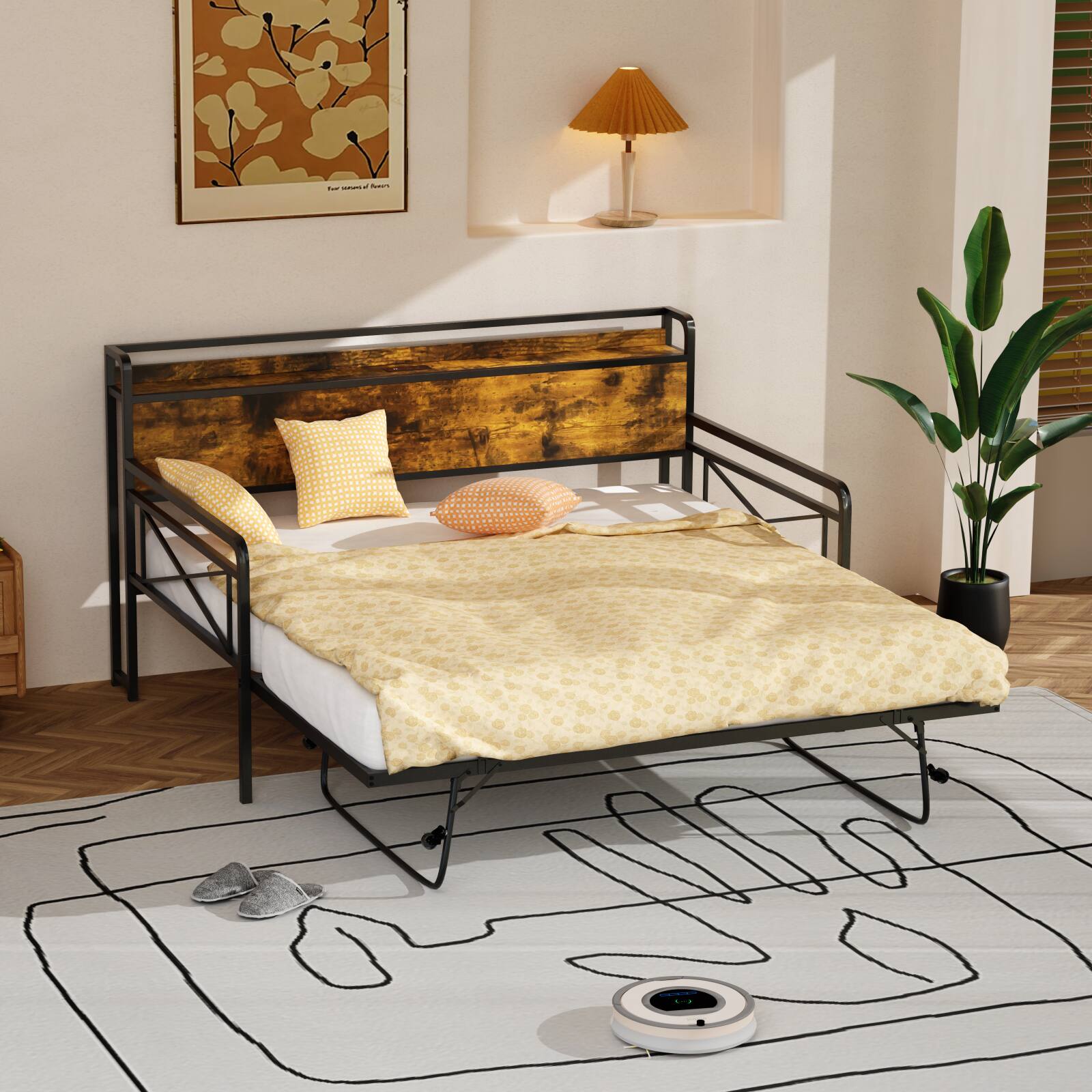 Alt View 5. Winado - Twin Daybed with Trundle Bed Sofa DayBed with LED Light & Charing Station Upholstered Bed Frame with Storage Headboard - Black & Industrial Brown.