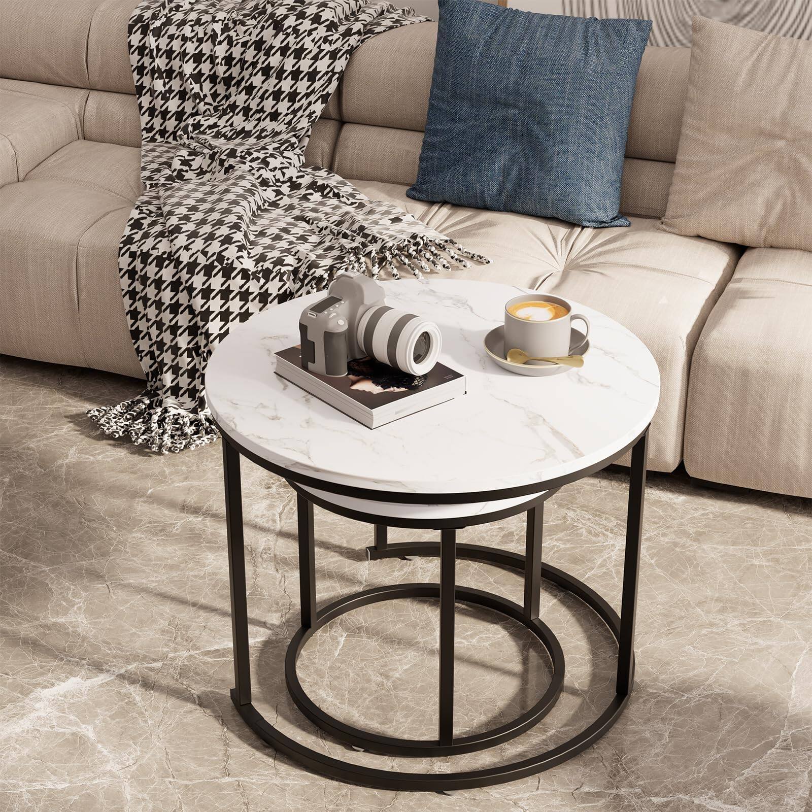Alt View 5. Hanke - Round Nesting Coffee Table Side End Tables For Living Room Bedroom Balcony Faux Marble Wooden Accent With - Black Brown Engineered Wood.