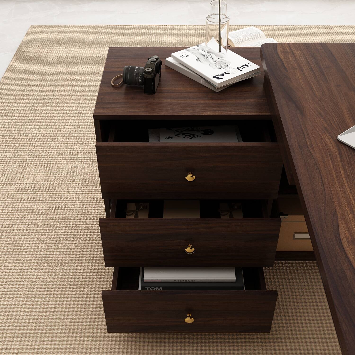 The text "TOM" is visible on the book in the drawer.