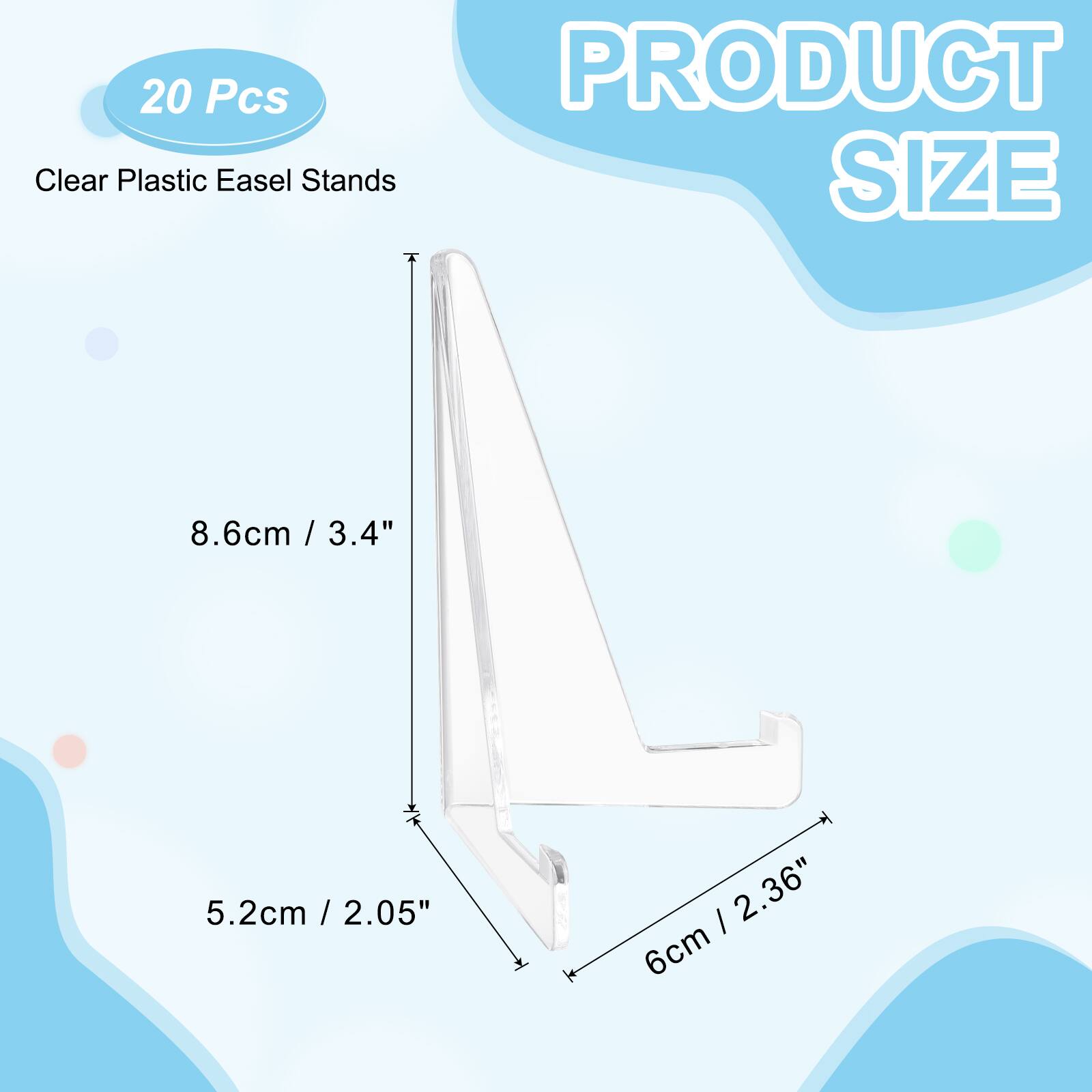 20 Pcs Clear Plastic Easel Stands

PRODUCT SIZE

8.6cm / 3.4"  
5.2cm / 2.05"  
6cm / 2.36"