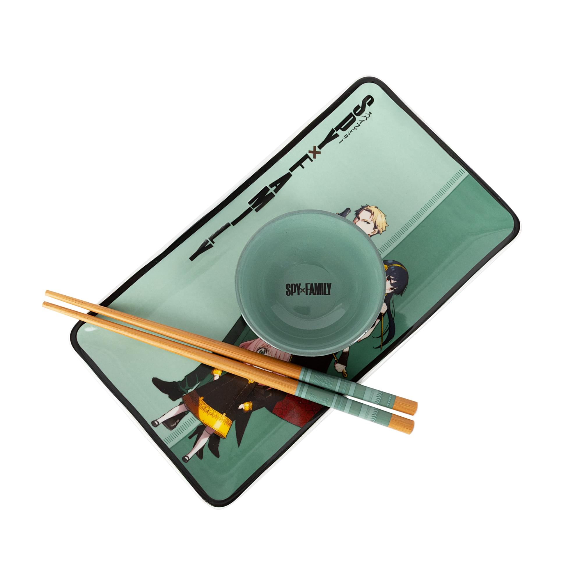 Alt View 1. Silver Buffalo - Spy x Family Trio 3-Piece Ceramic Sushi Set With Sauce Bowl and Chopsticks - Multi-Colored.