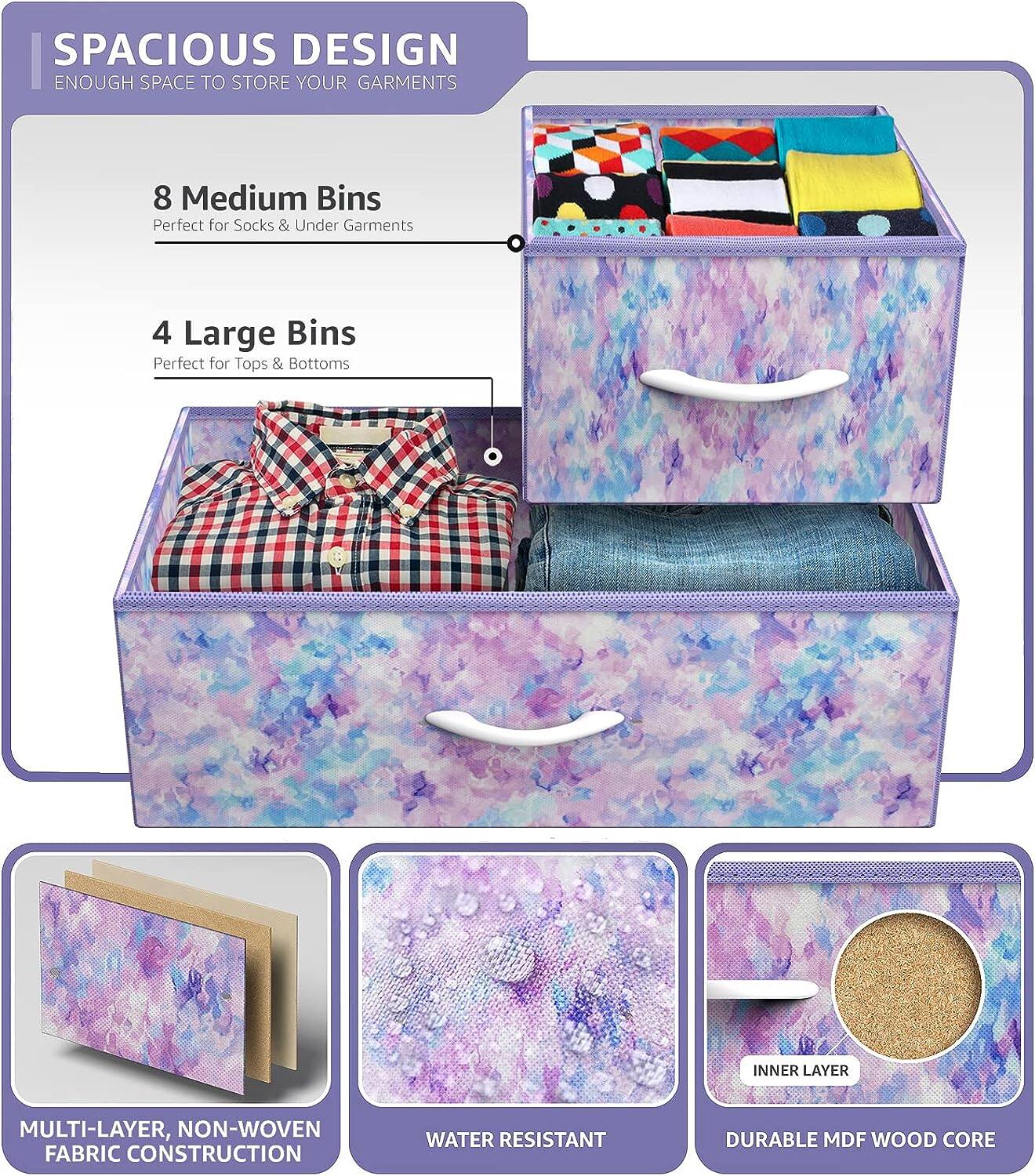 SPACIOUS DESIGN  
ENOUGH SPACE TO STORE YOUR GARMENTS  

8 Medium Bins  
Perfect for Socks & Under Garments  

4 Large Bins  
Perfect for Tops & Bottoms  

MULTI-LAYER, NON-WOVEN FABRIC CONSTRUCTION  
WATER RESISTANT  
DURABLE MDF WOOD CORE