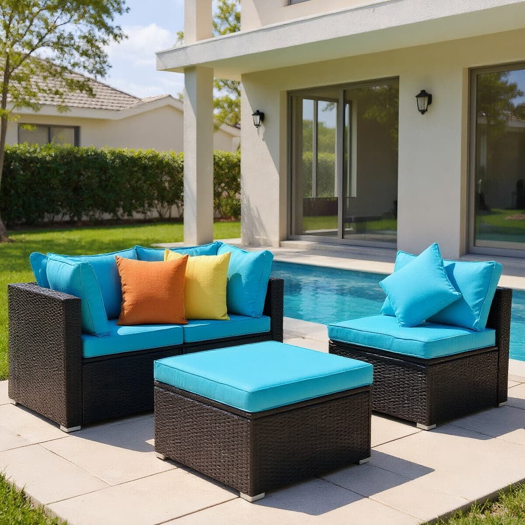 Kadyn - 4 Pcs Ottoman Garden Deck Patio Rattan Wicker Furniture Set Cushioned Sofa-Turquoise, Patio Seating Conversation Set - Blue