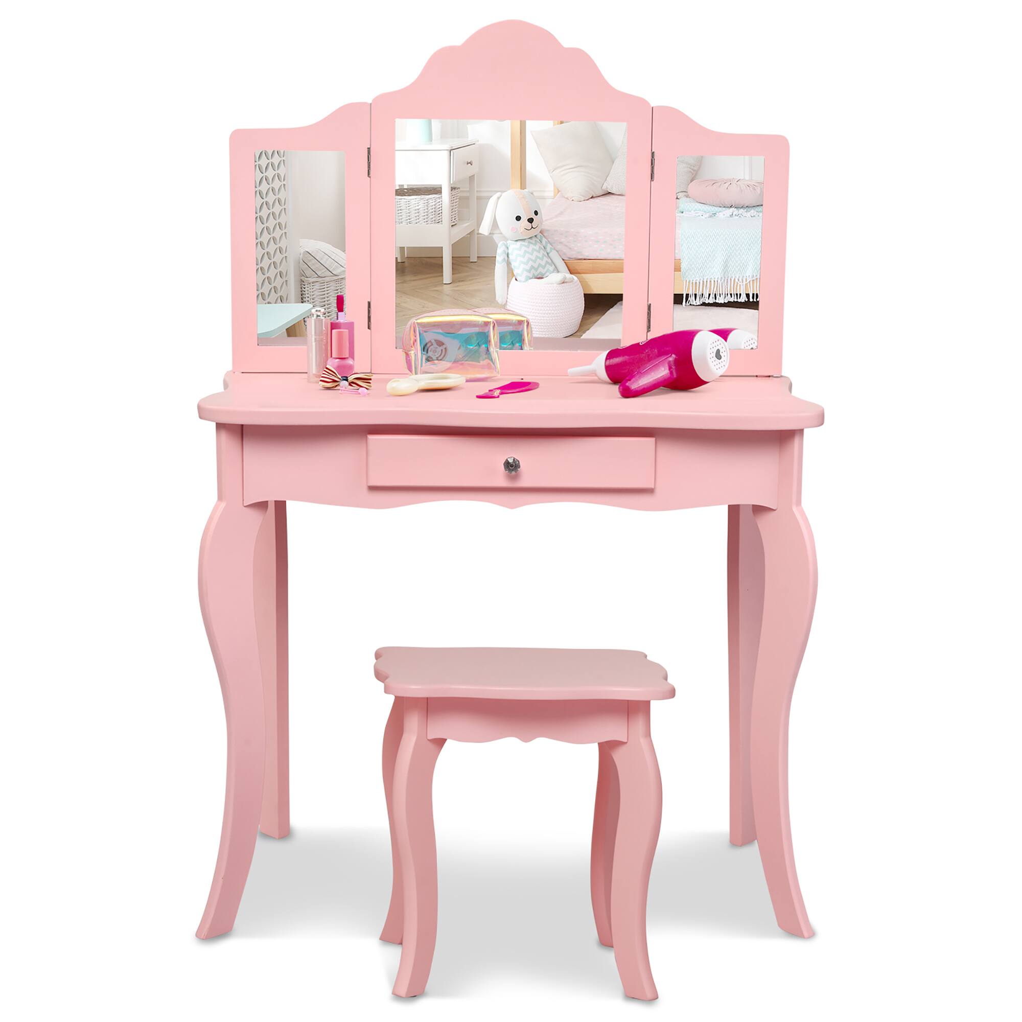 Costway - Kids Vanity Table & Stool Princess Dressing Make Up Play Set for Girls - Pink