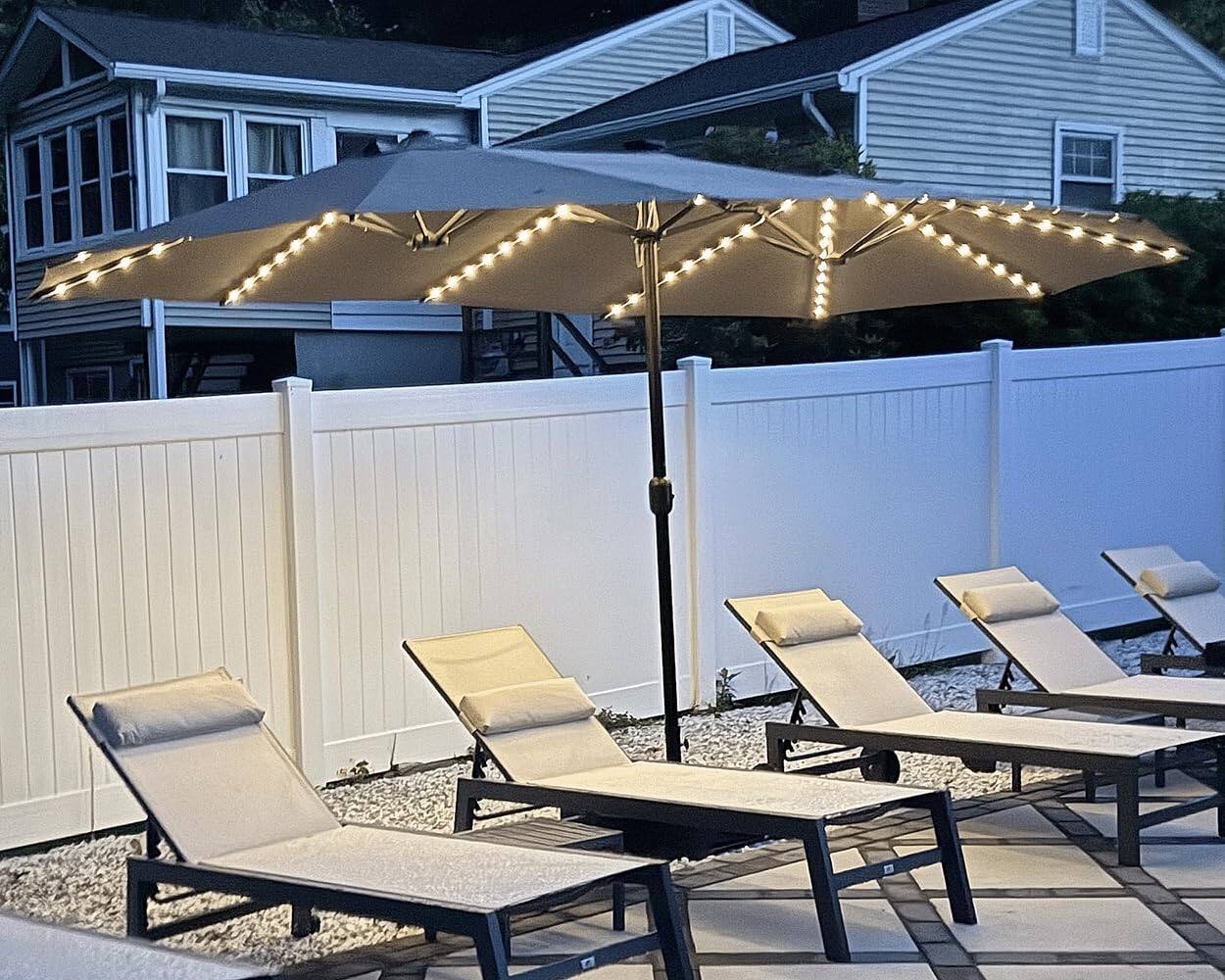 Alt View 1. PURPLE LEAF - 14 ft. Patio Market Umbrella with Solar LED and Base Double-Sided Outdoor Table Sun Umbrellas for Pool Deck Backyard - Taupe.