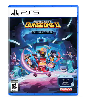 PS5
Minecraft Dungeons II
Deluxe Edition
Included
Everyone 10+ E 10+ ESRB
DLCs 1 & 2 Soul Cape Blub Pet 4 Hero Skins
Mojang Studios - E10+ (Everyone 10+)