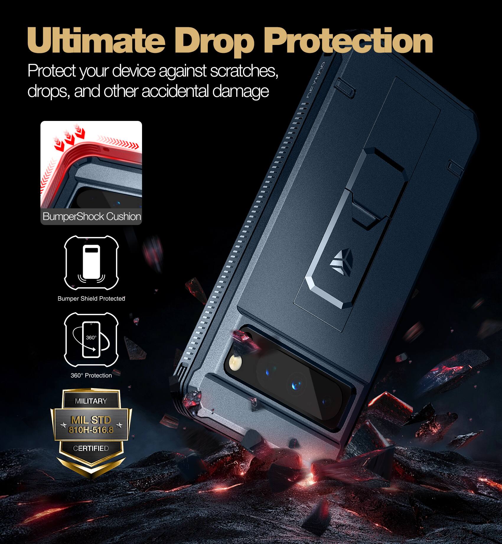 Ultimate Drop Protection

Protect your device against scratches, drops, and other accidental damage

- BumperShock Cushion
- Bumper Shield Protected
- 360° Protection
- MILITARY MIL STD 810H-516.8 CERTIFIED