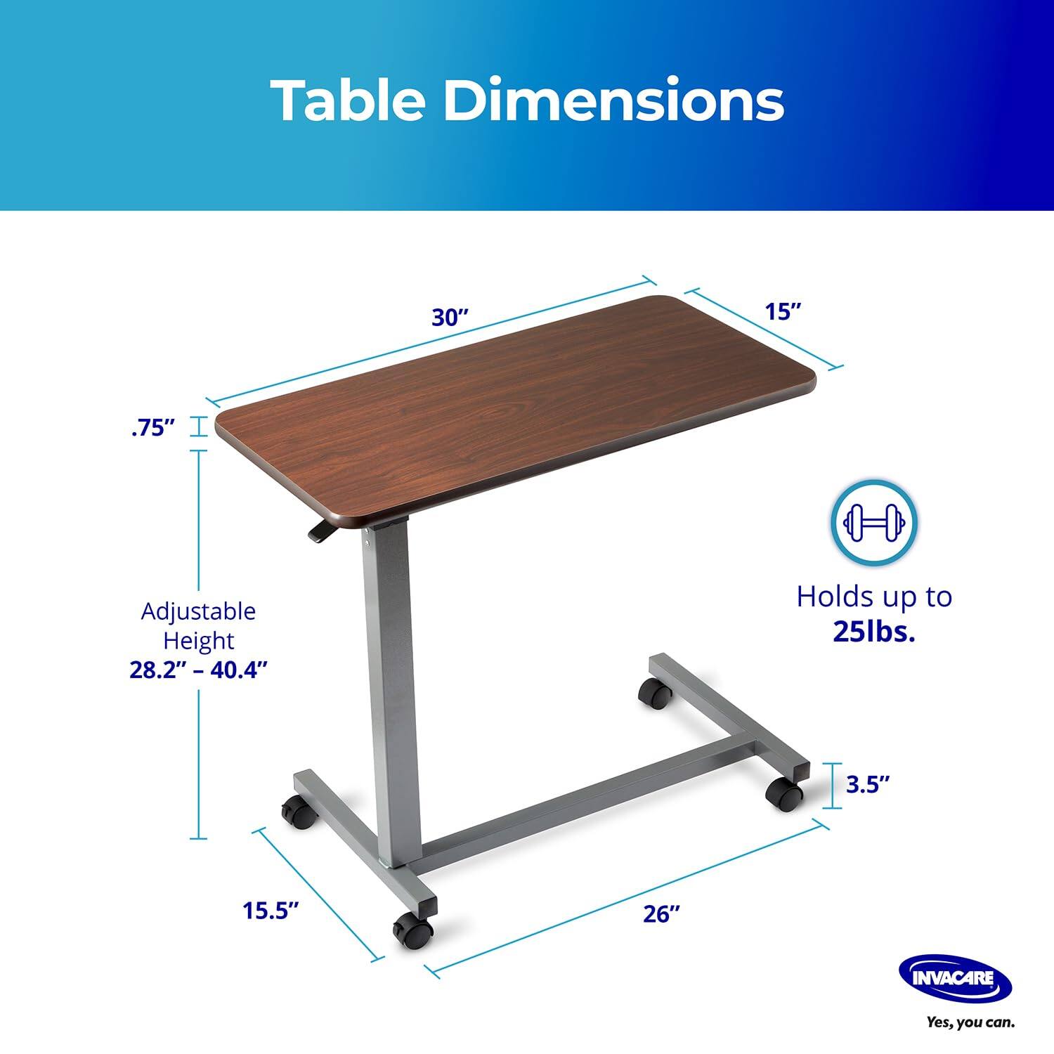 Table Dimensions: 30" x 15" x .75"  
Adjustable Height: 28.2" - 40.4"  
Holds up to 25lbs.  
3.5" x 15.5" x 26"  
INVACARE  
Yes, you can.