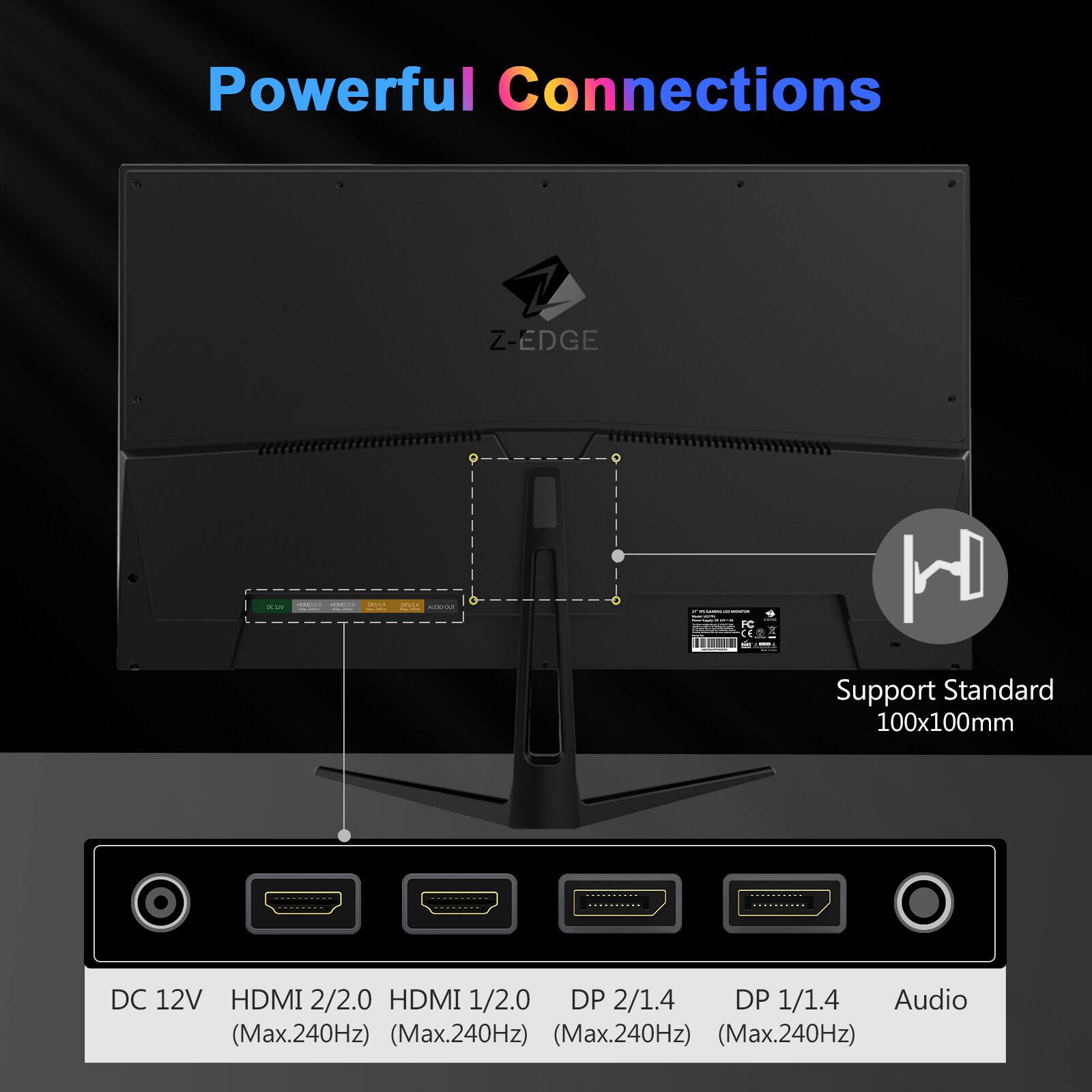 Powerful Connections Z-EDGE

DC 12V
HDMI 2/2.0 (Max.240Hz)
HDMI 1/2.0 (Max.240Hz)
DP 2/1.4 (Max.240Hz)
DP 1/1.4 (Max.240Hz)
Audio

Support Standard 100x100mm