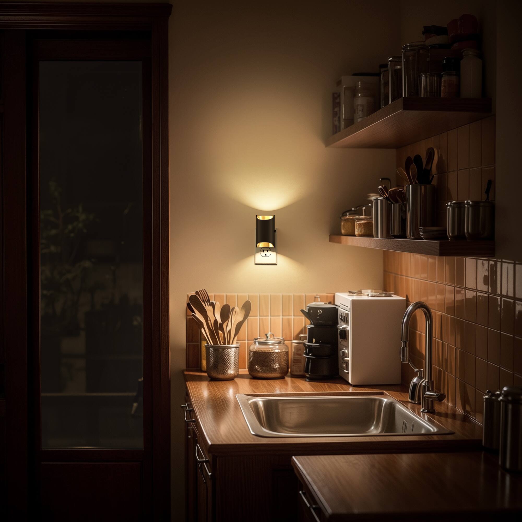 Left. Jandcase - JANDCASE 2-Pack 1W  Plug-in Night Light, 3000K Warm Glow, Round Cylinder with Cutout, Plated Accent, Up/Down Light, - Black and Gold.