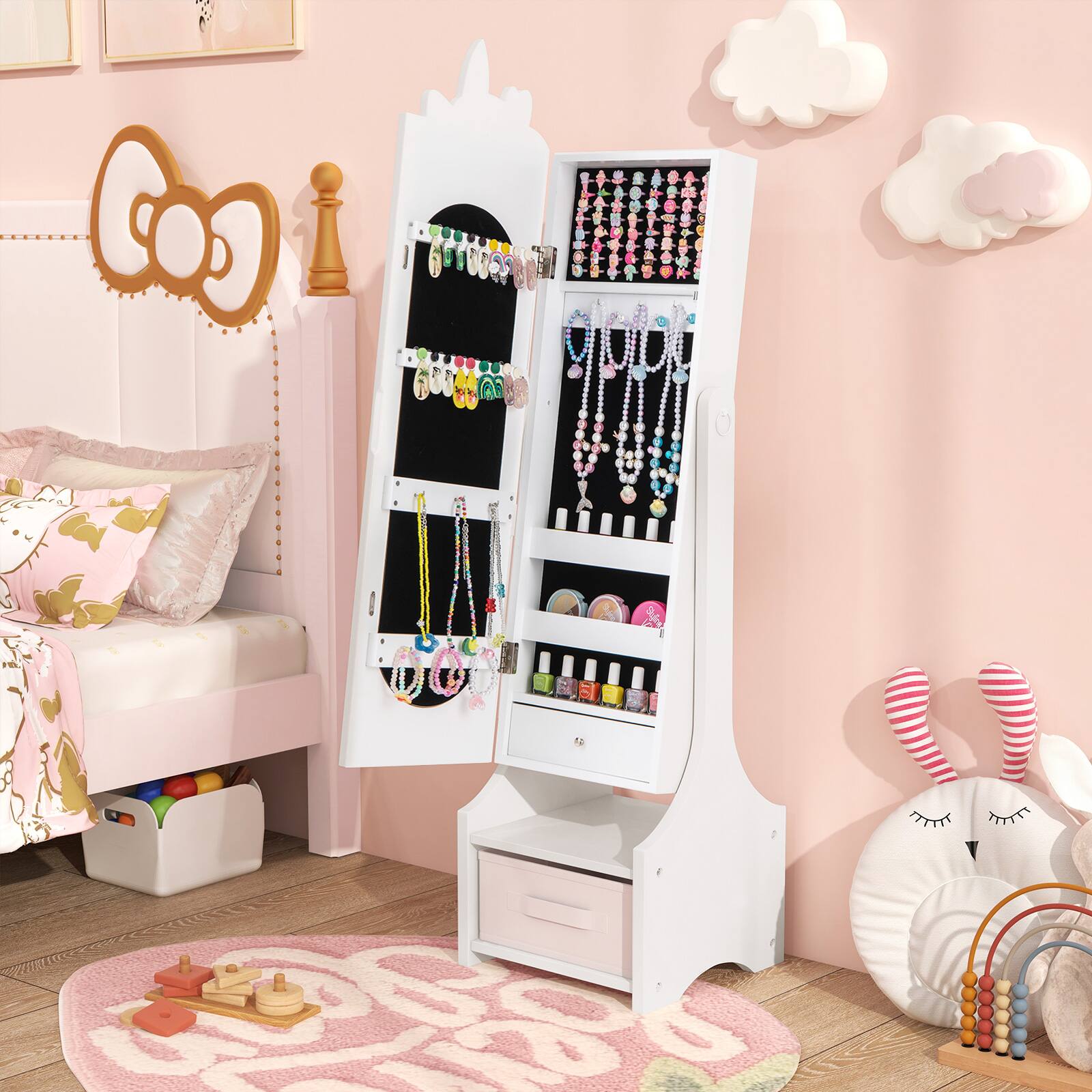 Alt View 1. Costway - Costway Kids Jewelry Cabinet with Full-Length Mirror 2 Adjustable Tilt Angles Drawer - White.