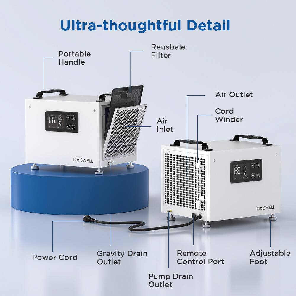 Ultra-thoughtful Detail

- Portable Handle
- Reusable Filter
- Air Outlet
- Cord Winder
- Air Inlet
- Power Cord
- Gravity Drain Outlet
- Remote Control Port
- Adjustable Foot
- Pump Drain Outlet