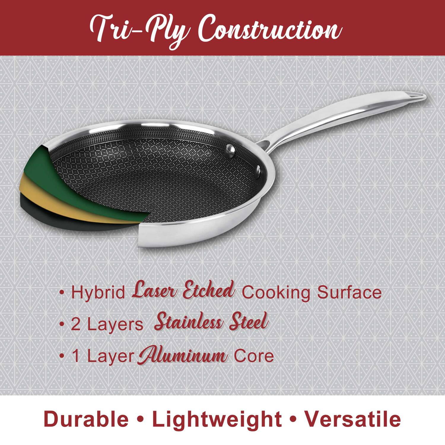 Tri-Ply Construction

- Hybrid Laser Etched Cooking Surface
- 2 Layers Stainless Steel
- 1 Layer Aluminum Core

Durable • Lightweight • Versatile