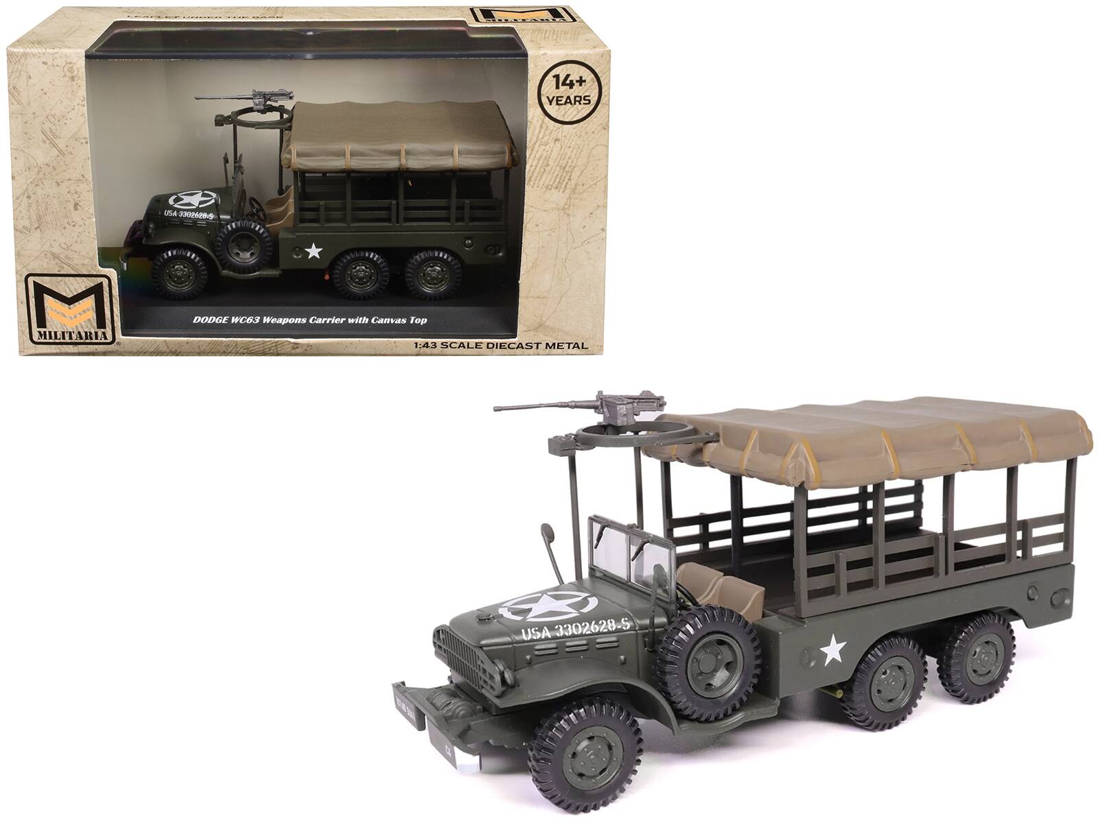 14+ YEARS  
U54 30M2S MILITARIA DODGE WC3 Weapons Carrier with Canvas Top  
1:43 SCALE DIECAST METAL  
3302628-5  
USA  
DODGE WC3 Weapons Carrier with Canvas Top  
1:43 SCALE DIECAST METAL  
USA 3302620-S