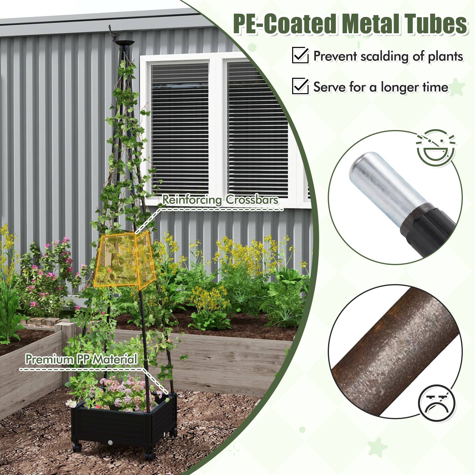 PE-Coated Metal Tubes  
- Prevent scalding of plants  
- Serve for a longer time  

Reinforcing Crossbars  

Premium PP Material