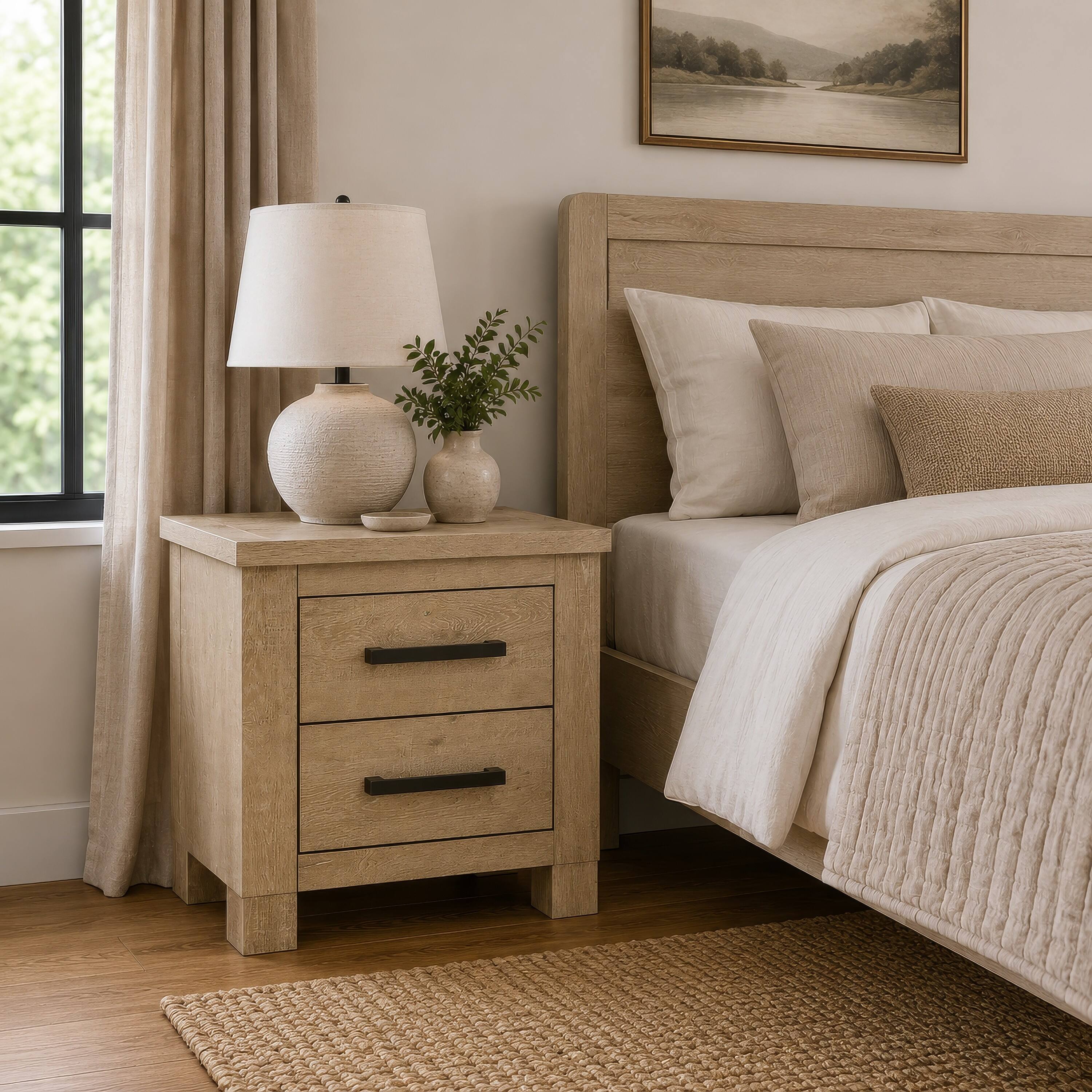 Alt View 8. Manhattan Lane - Tyna Nightstand with 2 Drawer, Metal, Weathered Oak Wood 26 Inch - Weathered Oak Beige.